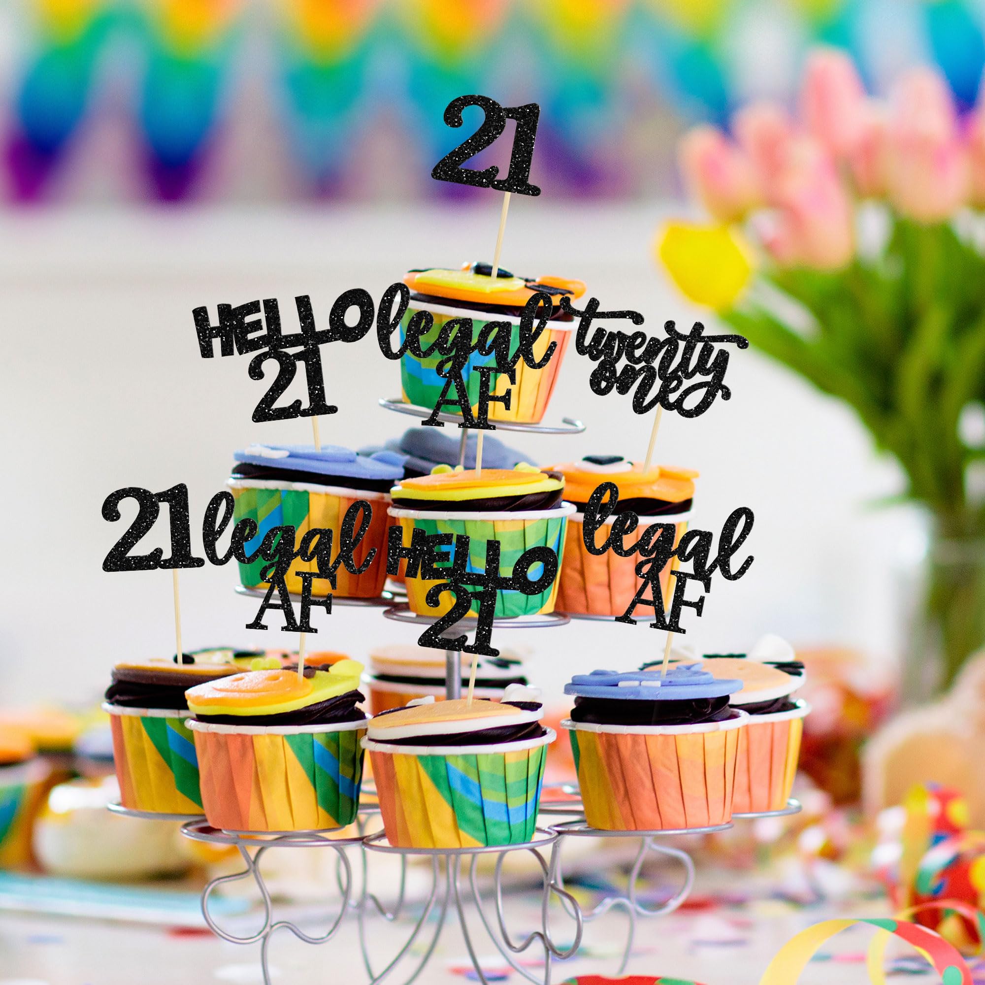 24Pcs Black Glitter 21st Birthday Cupcake Toppers - Legal Age Cake Decorations for 21st Birthday Party, Hello 21 Cupcake Picks - Perfect for Birthday Cakes, Cupcakes and Dessert Table Decorations