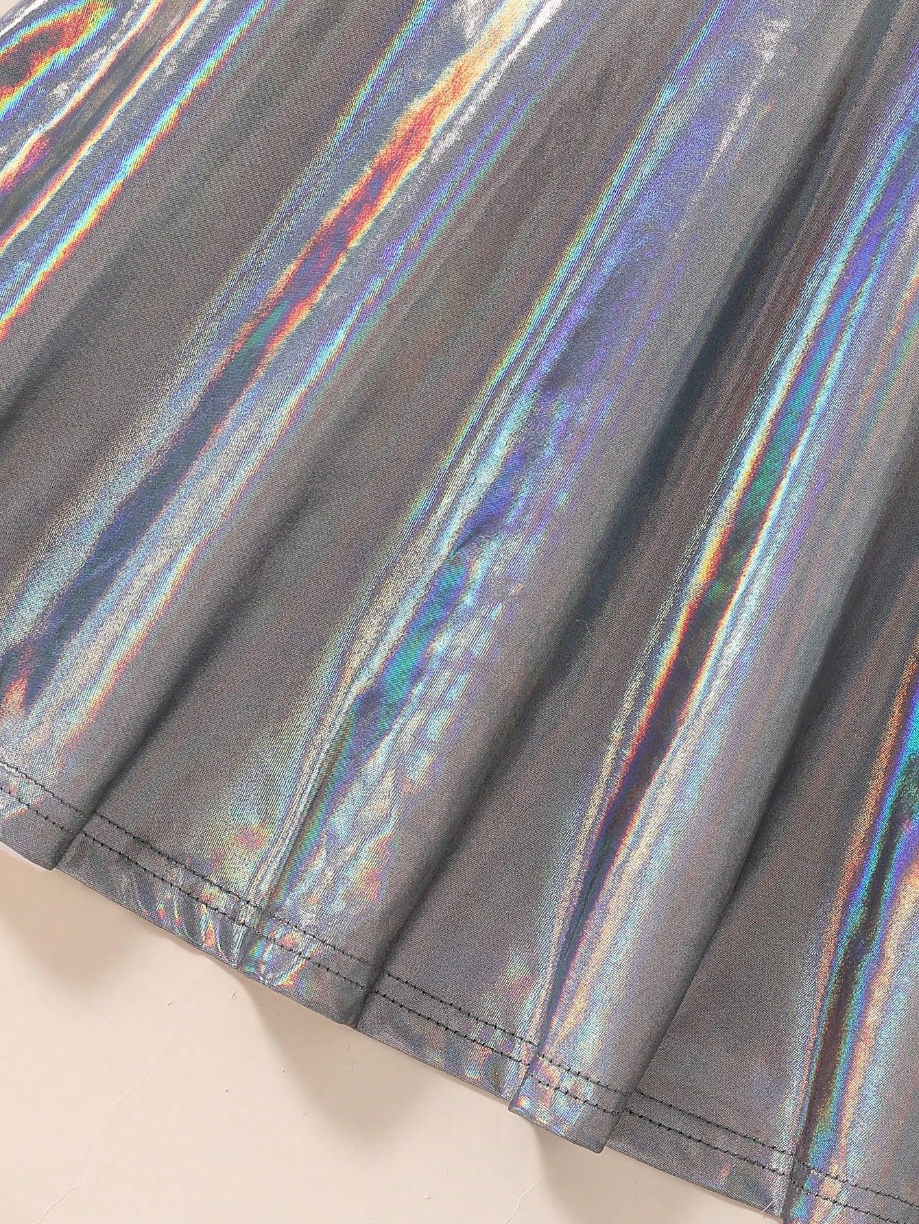WDIRARA Girls' Metallic High Waist Overalls Holographic Suspender Party Dress with Flared Skirt - Perfect for Birthday Parties, Photo Shoots & Special Occasions