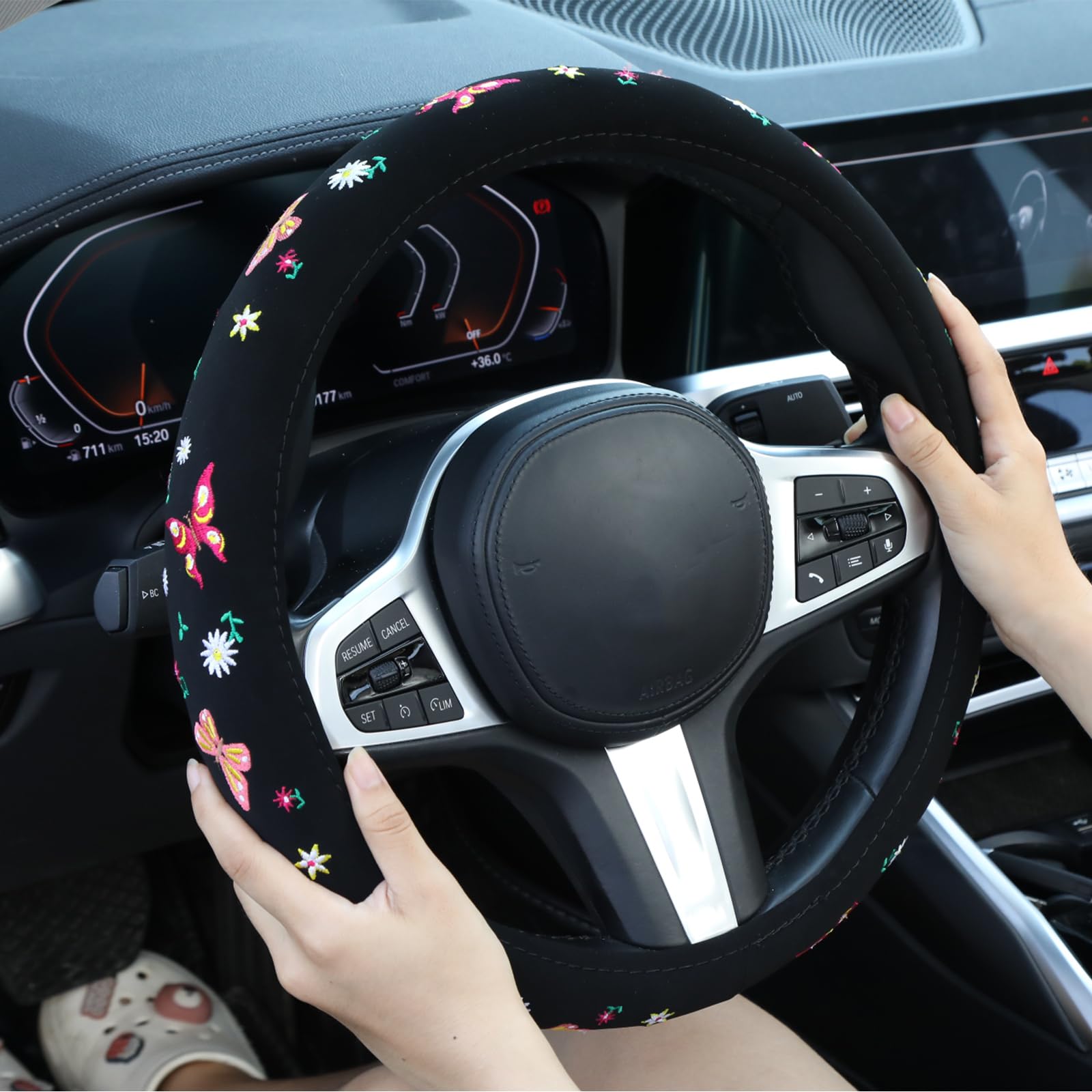 Embroidered Butterfly Daisy Black Steering Wheel Cover - Anti-Slip Breathable Car Steering Wheel Protector for Women, Universal 15 Inch Fit Most Vehicles | Perfect for Daily Commute & Road Trips