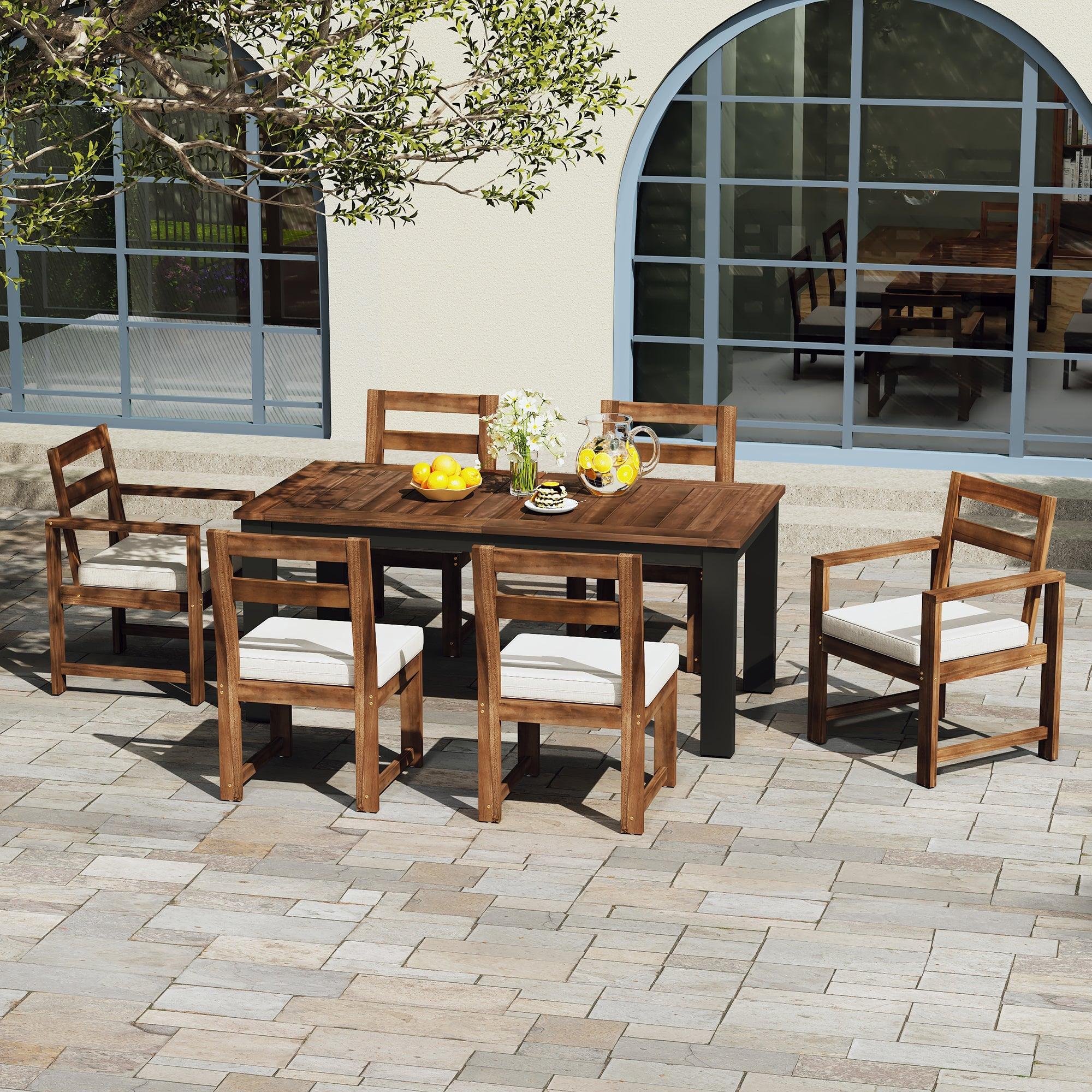 7-Piece Outdoor Patio Dining Set - Wooden Table with Umbrella Hole & 6 Chairs (2 Armchairs + 4 Side Chairs) for Garden, Backyard, Poolside - Perfect for BBQs, Family Gatherings & Outdoor Entertaining