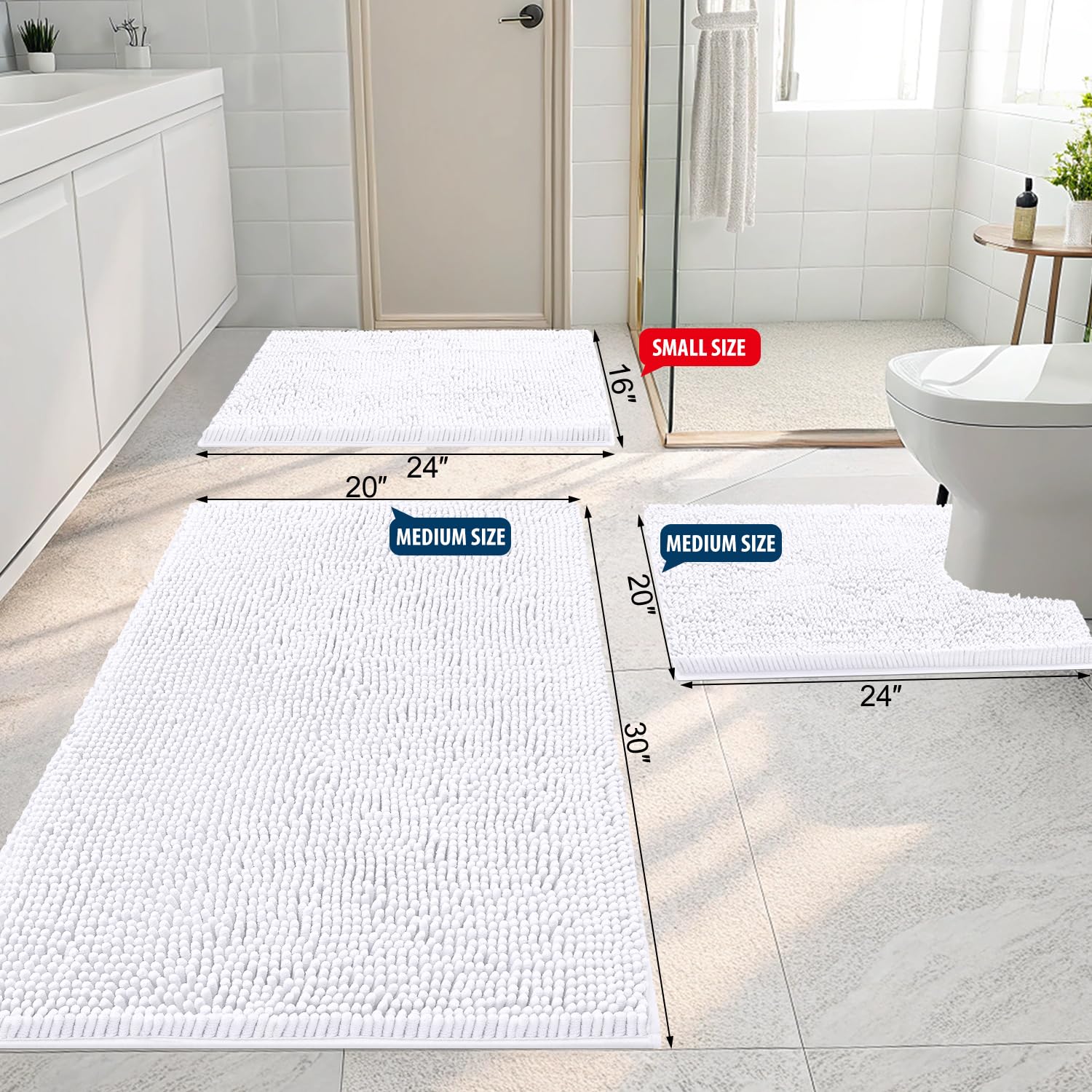 Premium Non-Slip Chenille Bathroom Rugs Set - 2 Piece Absorbent Shaggy Bath Mats for Bathroom, Shower & Tub - Machine Washable, Soft & Plush (30