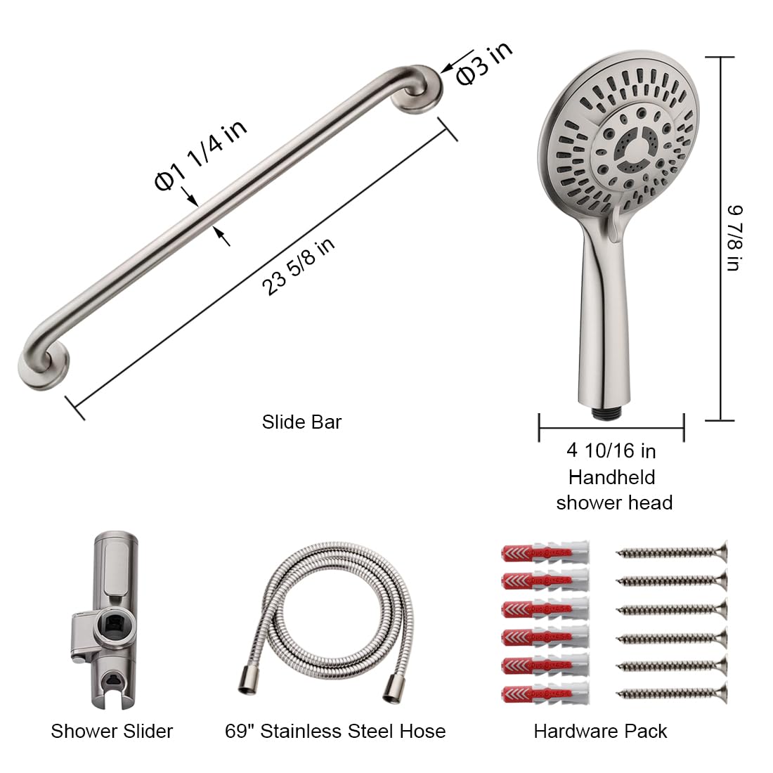 Stainless Steel Grab Bar with Slide Rail - Brushed Nickel Shower Safety Handle with Handheld Shower Head & 5ft Hose - Ideal for Elderly Bathroom Safety & Accessible Shower Installations