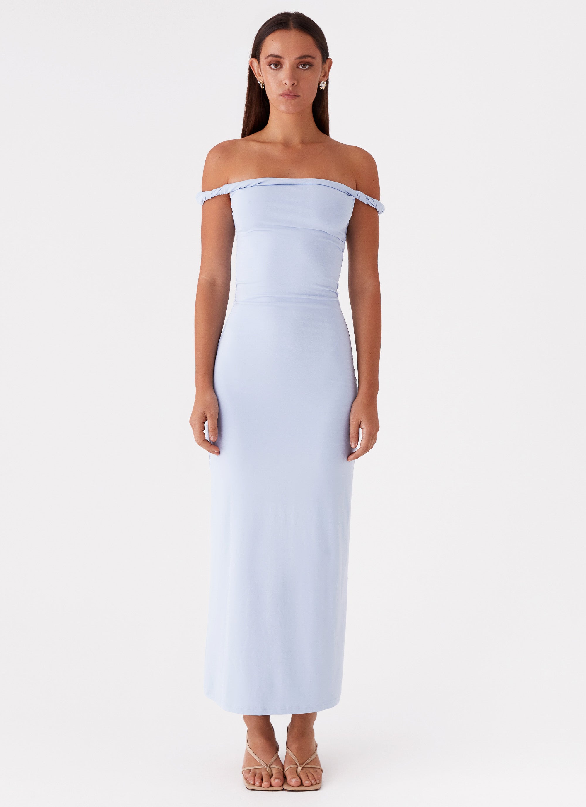 Arabella Twist Shoulder Maxi Dress - Elegant Blue Flowy Summer Dress for Women | Perfect for Beach Vacations, Weddings & Evening Parties