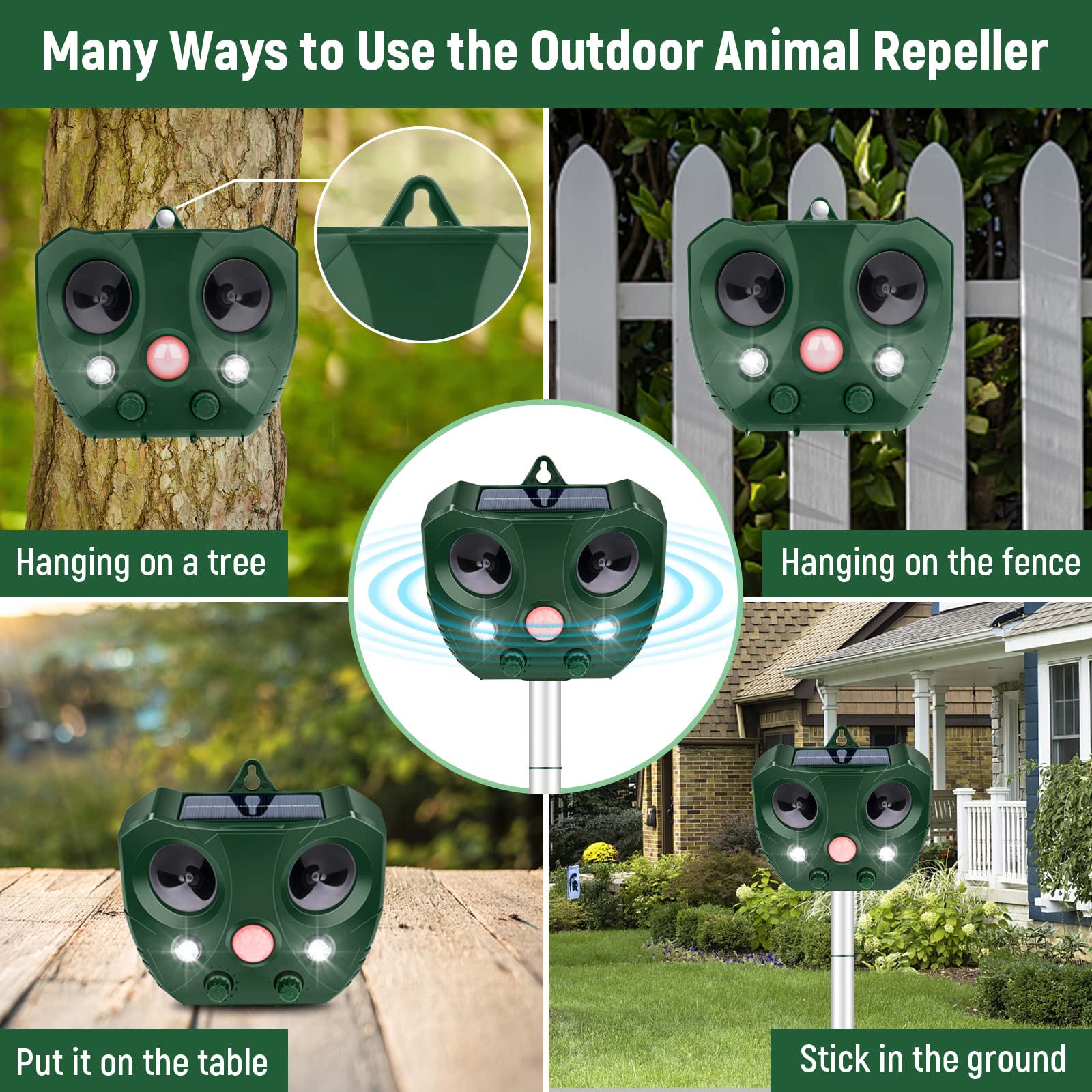Solar Powered Ultrasonic Animal Repeller Outdoor - Motion Activated Pest Control Device with LED Flashing Lights to Deter Cats, Dogs, Deer, Birds, Squirrels & Raccoons | Ideal for Gardens, Yards, Farms & Patios