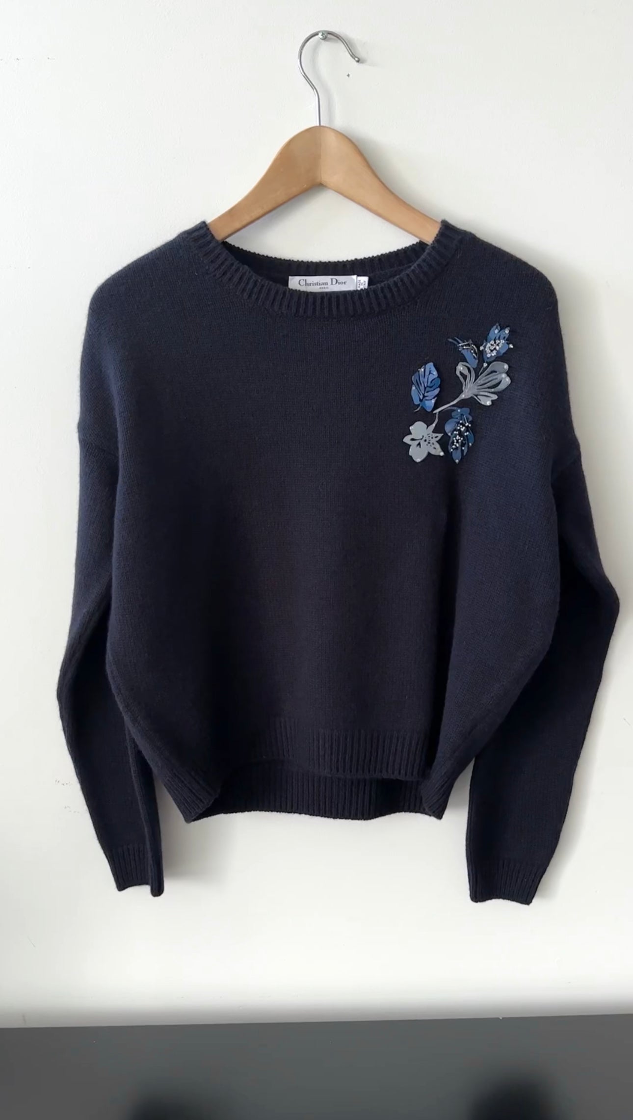 Dior Navy Embellished Cashmere Pullover Sweater for Women - Soft Luxury Knitwear S/M - Perfect for Winter Fashion & Holiday Outfits
