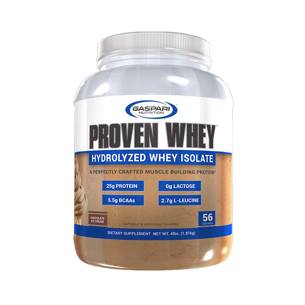 Gaspari Nutrition Proven Whey - 100% Hydrolyzed Whey Protein Isolate Powder | 4lb Chocolate Ice Cream Flavor | High Protein, Lactose Free, Low Carb & Sugar | Perfect for Post-Workout Recovery & Muscle Building
