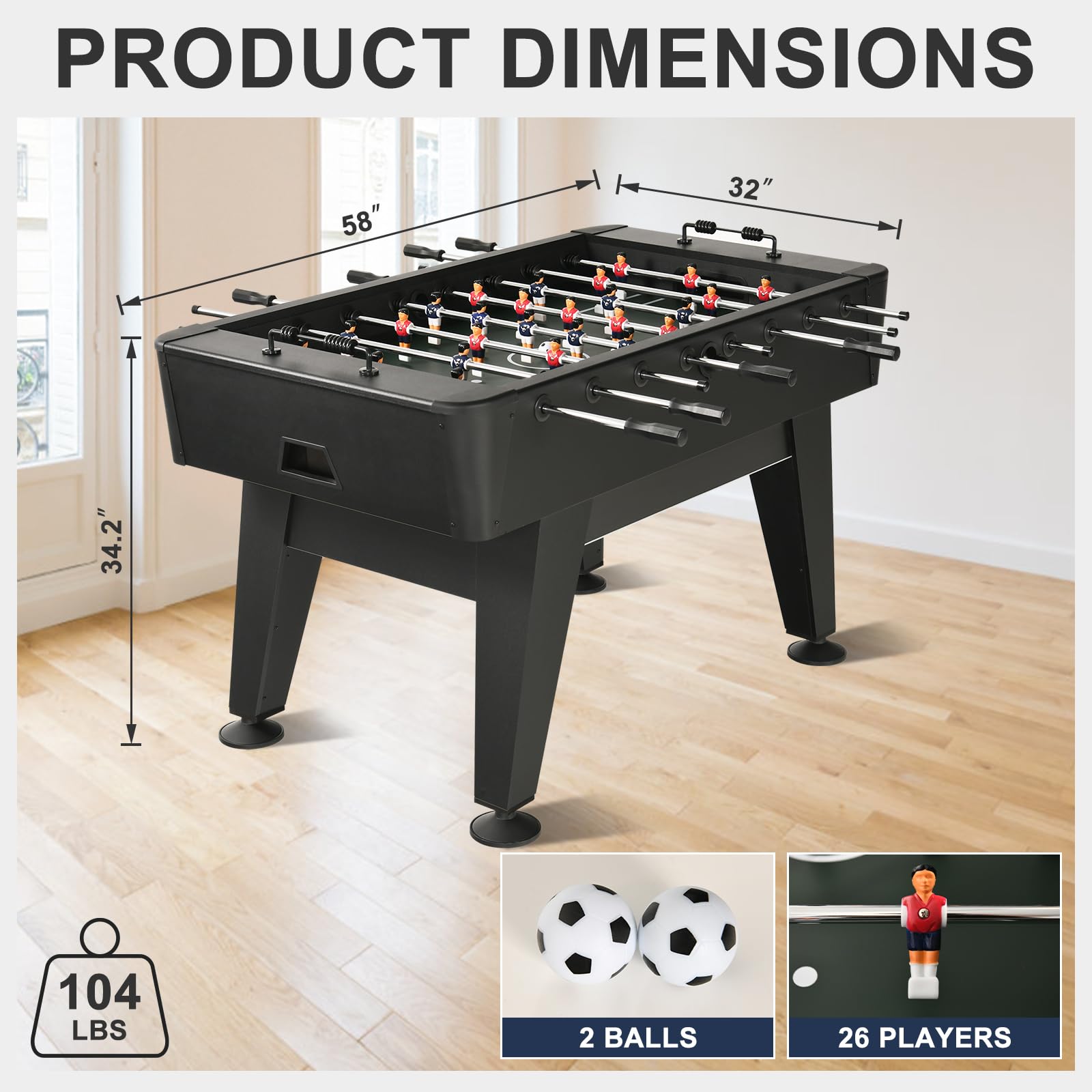 RAYKEEPF 58-Inch Professional Foosball Table for Adults & Kids - Competition Soccer Table Game with 2 Balls, Leg Levelers & Heavy-Duty Legs - Perfect for Home Game Rooms, Parties & Arcades