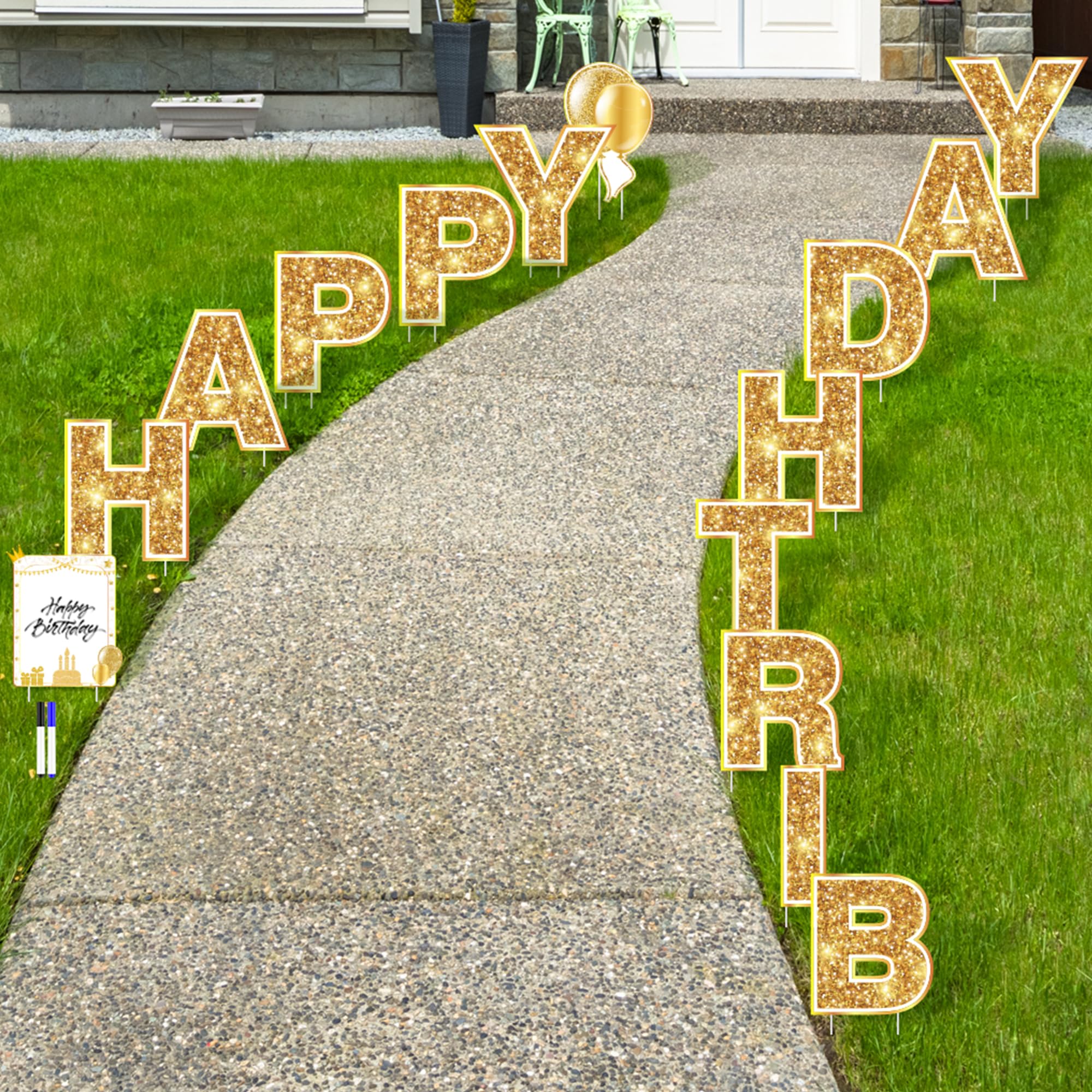 Elcoho 15 Pack Gold Happy Birthday Yard Signs with Stakes - Lawn Decorations Set with Balloon Designs for Outdoor Birthday Party Decor - Perfect for Backyard Celebrations, Garden Parties & Front Yard Displays