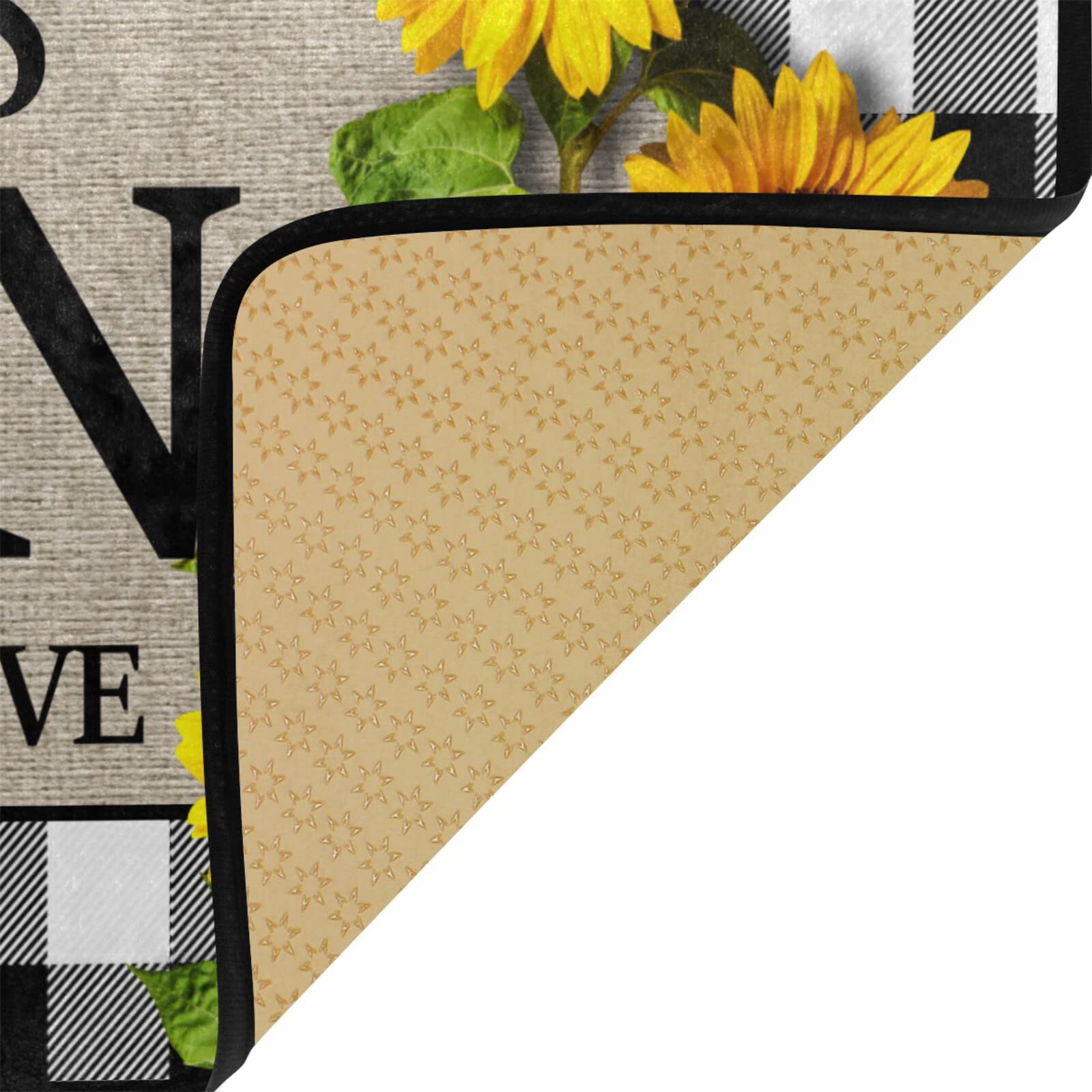 Non-Slip White Buffalo Plaid Kitchen Rug - Cushioned Anti-Fatigue Farmhouse Floor Mat with Sunflower Design (39x20 Inches) - Perfect for Kitchen, Laundry Room & Standing Work Areas | Personalized Home Decor Gift