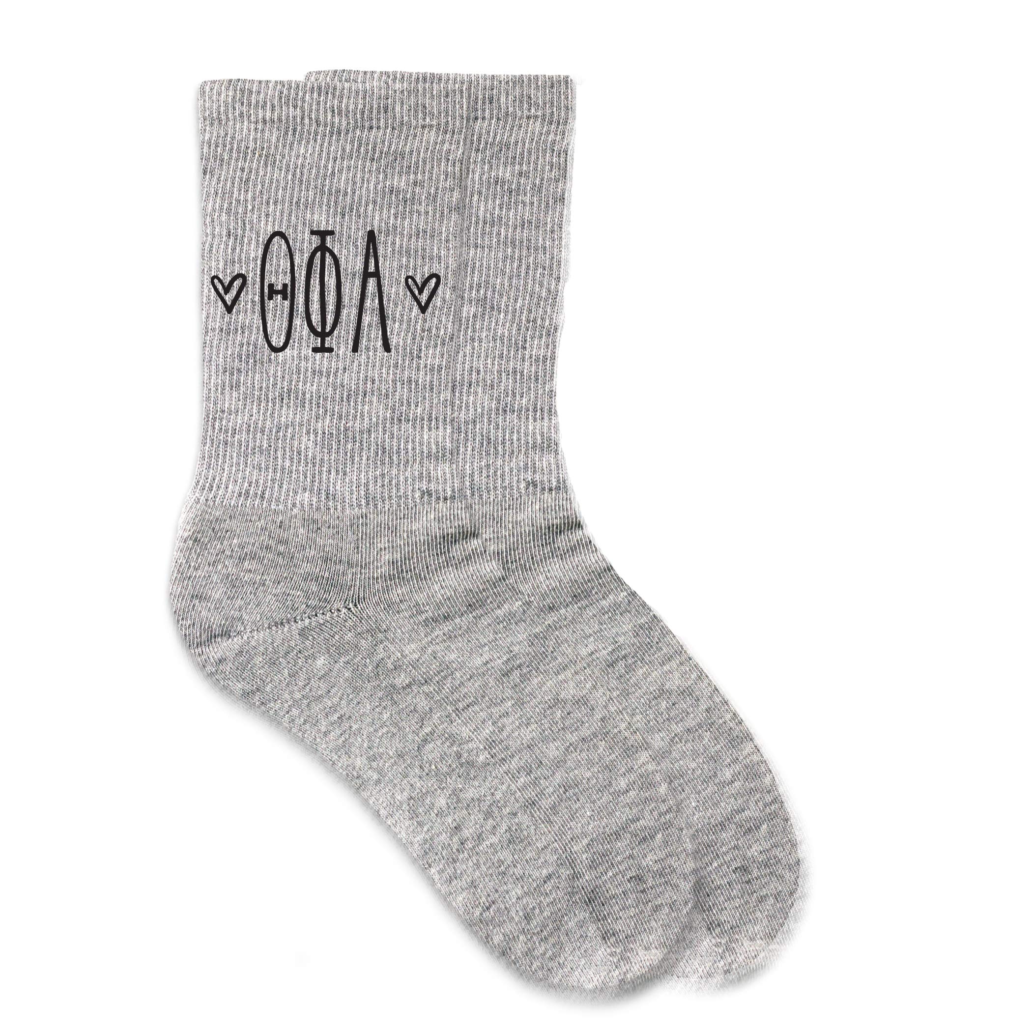 Theta Phi Alpha Sorority Letters with Hearts Greek Letter Crew Socks - White, Pink & Heather Gray - Comfortable College Socks for Sorority Sisters, Greek Life & Campus Fashion