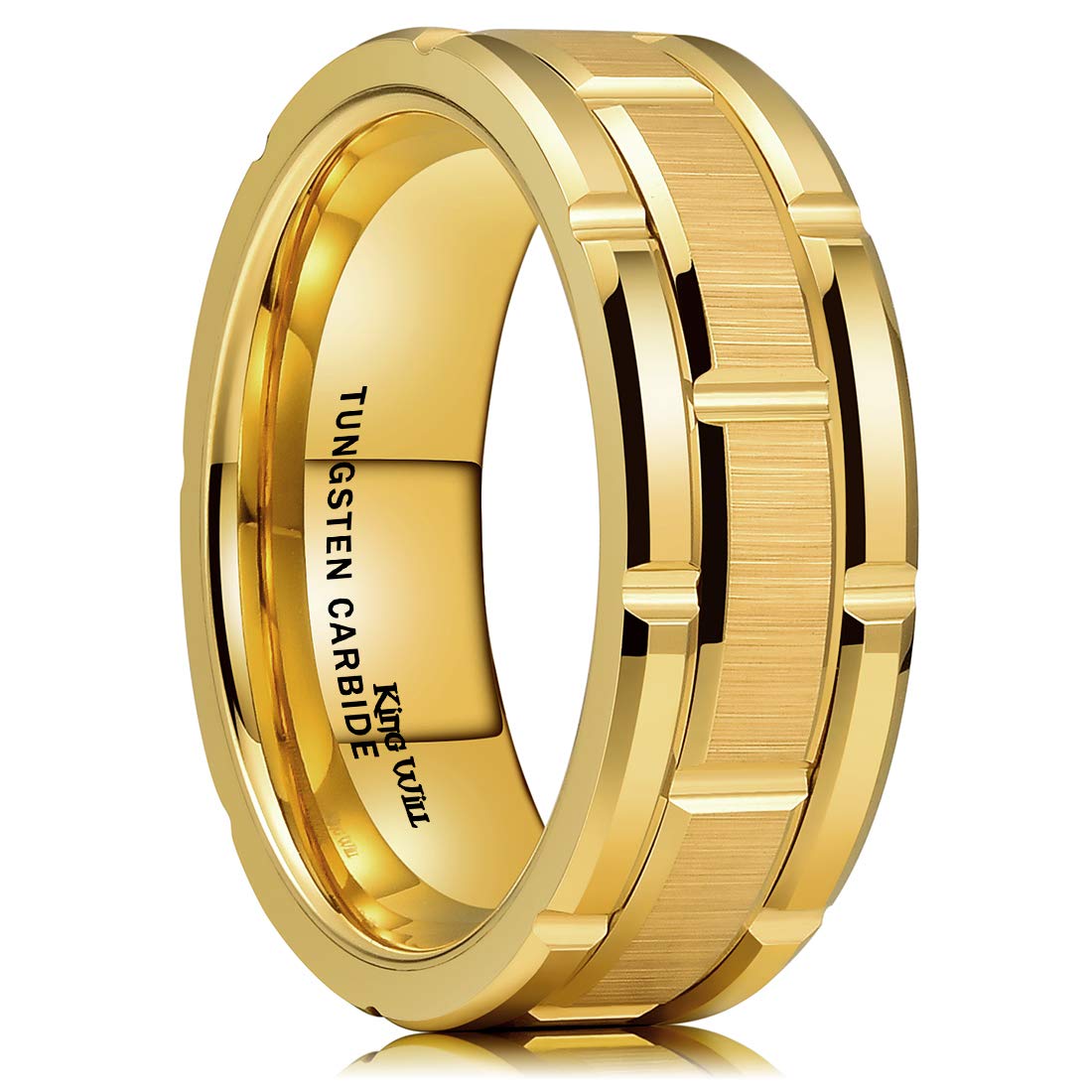 King Will Classic Men's 8mm Tungsten Carbide Wedding Band - Silver/Black/Gold/Rose Gold - Brick Pattern with Groove Center & Brushed Finish - Comfort Fit Ring for Men - Perfect for Weddings, Anniversaries, and Everyday Wear