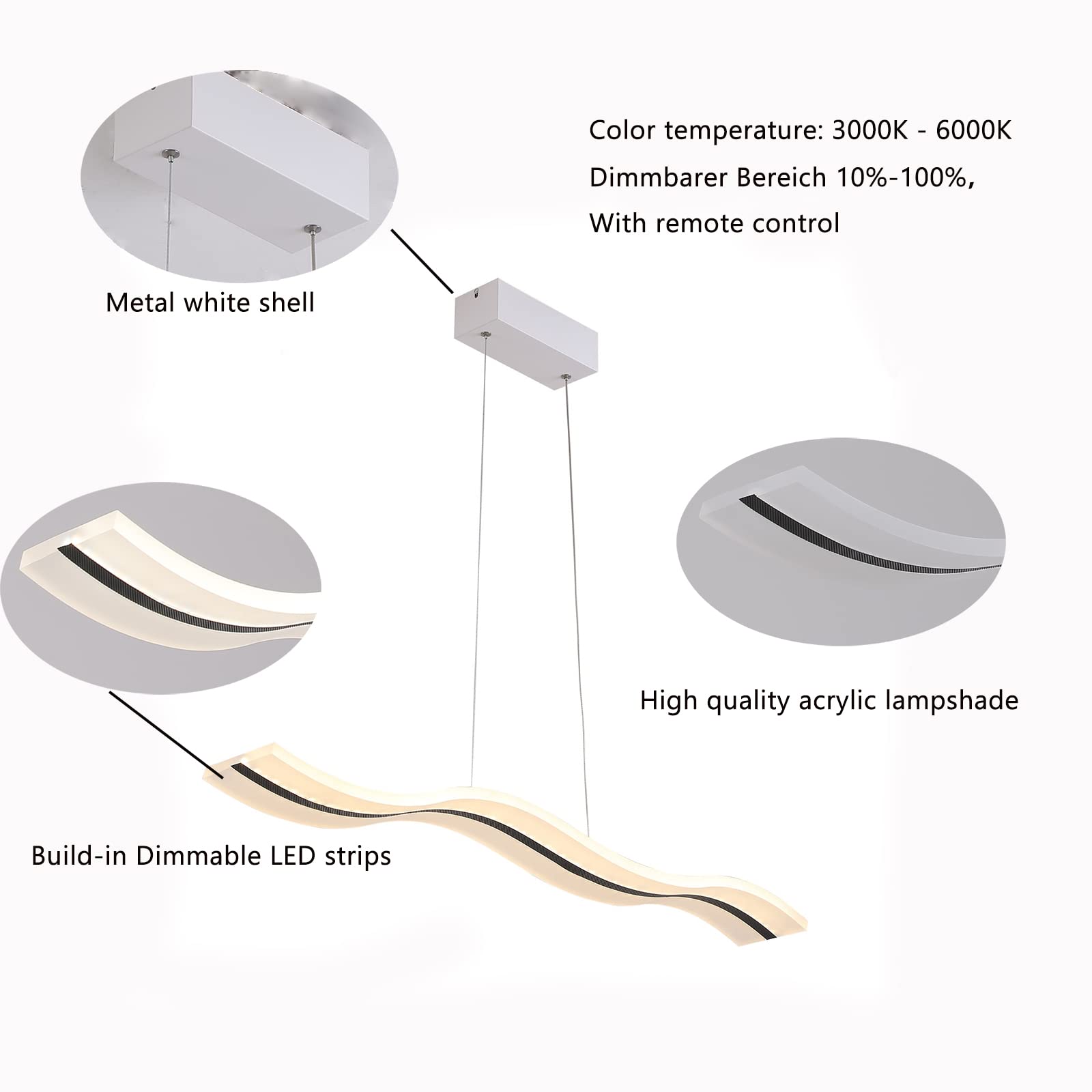Modern Wave LED Pendant Light with Dimmable Remote Control - Contemporary Hanging Chandelier for Kitchen Island, Dining Room & Living Room Lighting - Perfect for Modern Home Decor & Ambient Lighting