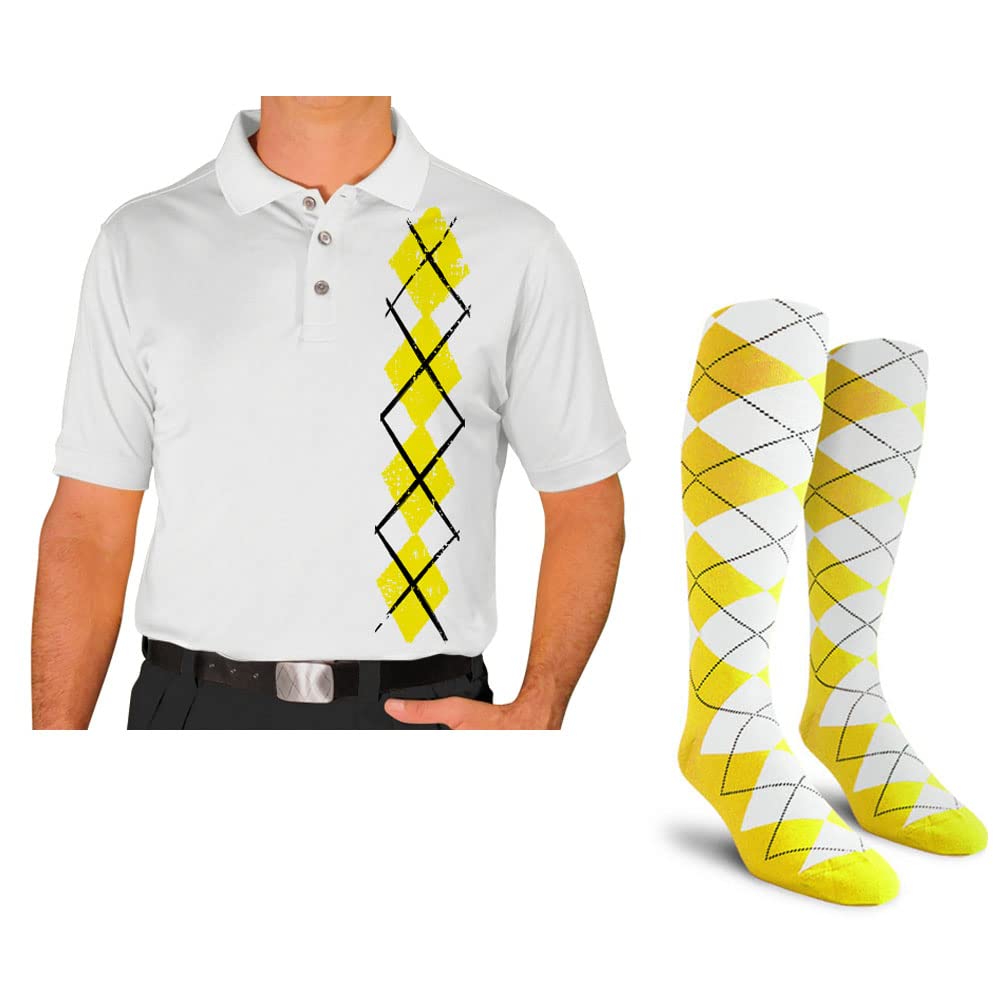 Men's Argyle Pattern Golf Shirt with Matching Socks - Breathable Performance Polo for Golf, Office & Casual Wear