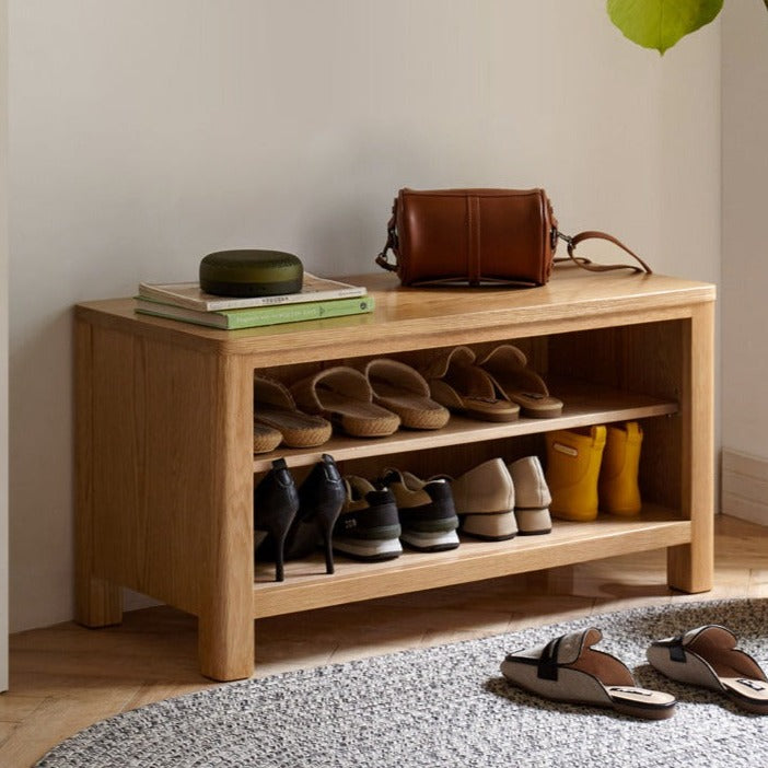 Solid Oak Wood Shoe Storage Bench with Cushion - Entryway Organizer for Shoes, Boots & Accessories - Perfect for Hallway, Mudroom & Closet Organization