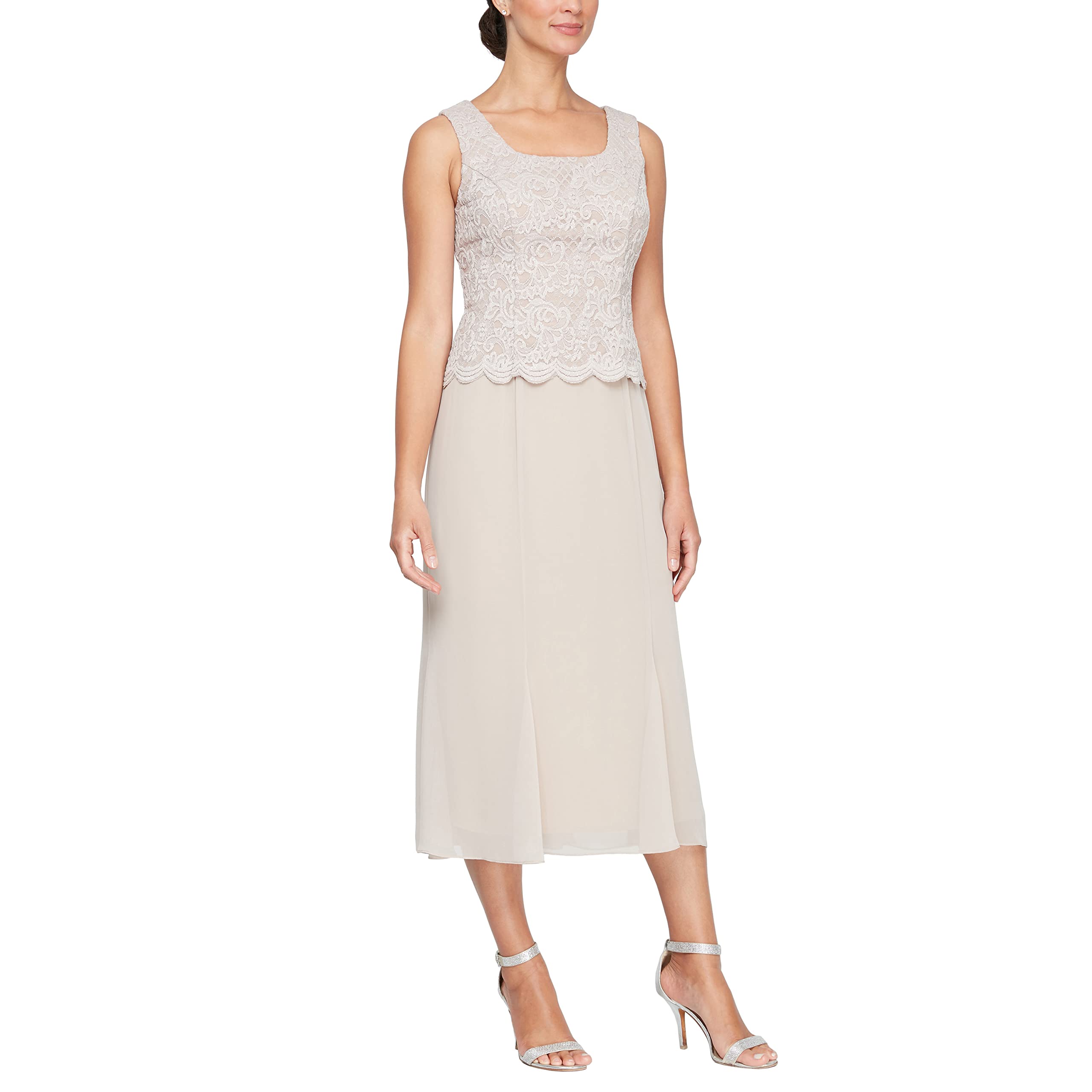 Alex Evenings Women's Tea Length Formal Dress for Weddings & Special Occasions | Petite & Regular Sizes | Taupe Buttonless Jacket | Size 10 | Perfect for Bridal Showers, Cocktail Parties & Evening Events