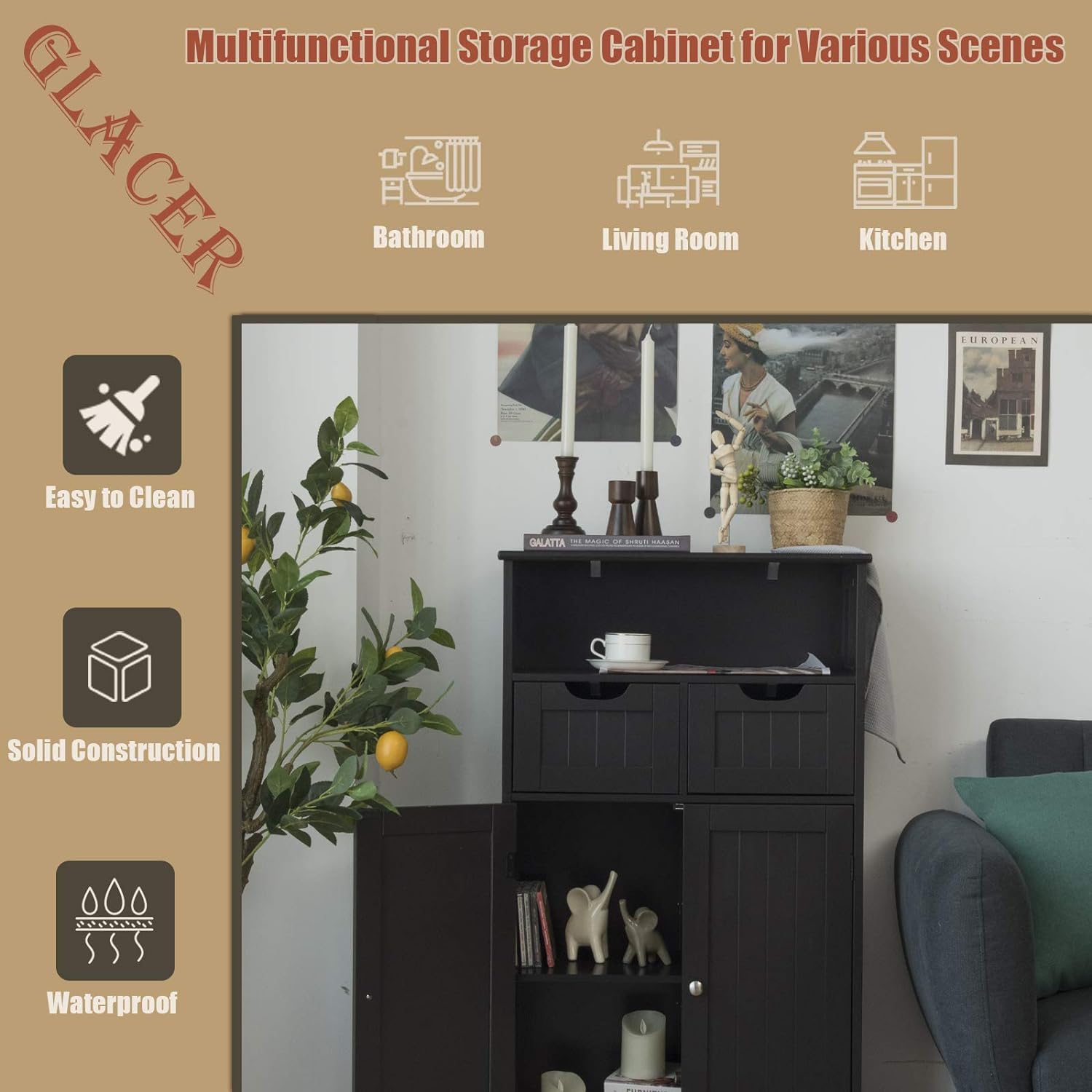 GLACER Multifunctional Floor Cabinet with Removable Drawers & Adjustable Shelf - 24 x 12 x 43 Inches Bathroom Storage Organizer for Living Room, Kitchen, Entryway - Space-Saving Brown Wood Cabinet (Perfect for Small Spaces & Home Organization)