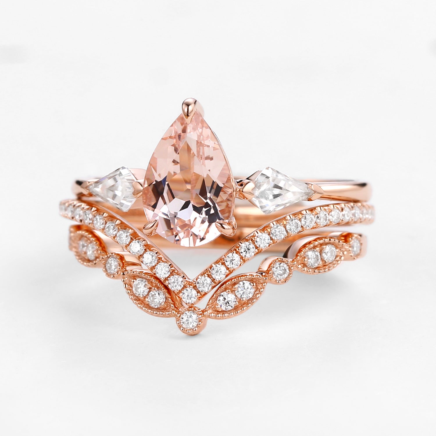 Peachy Morganite & Moissanite Three Stone Ring Set - 3 Piece Wedding Engagement Jewelry for Women - Perfect for Proposals, Anniversaries & Special Occasions