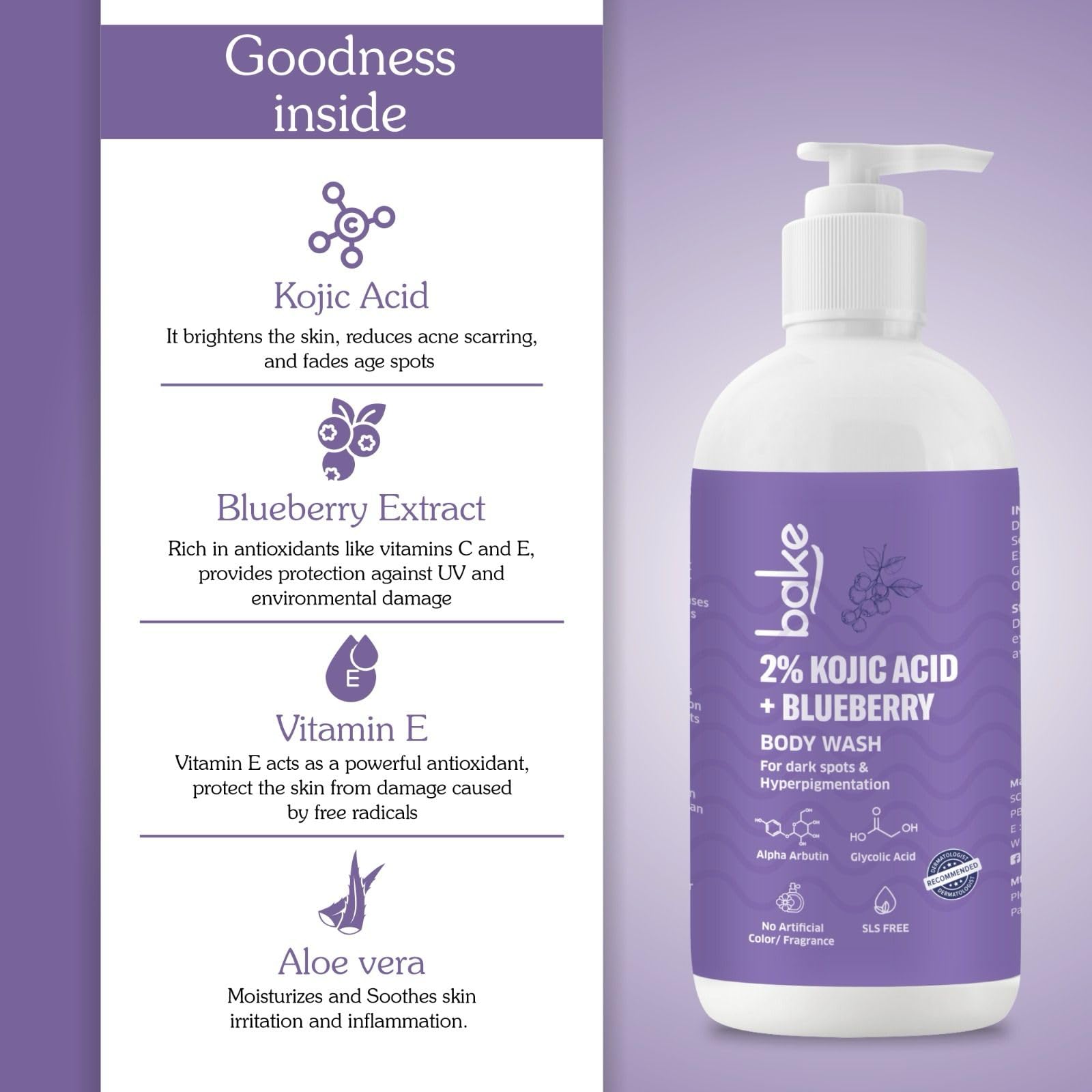 BAKE 2% Kojic Acid Brightening Body Wash with Glycolic Acid & Alpha Arbutin - Skin Lightening & Tan Removal for Dark Knees, Elbows & Pigmentation | Fades Dark Spots & Sun Damage | 250ml | Perfect for Post-Sun Care & Evening Skin Tone