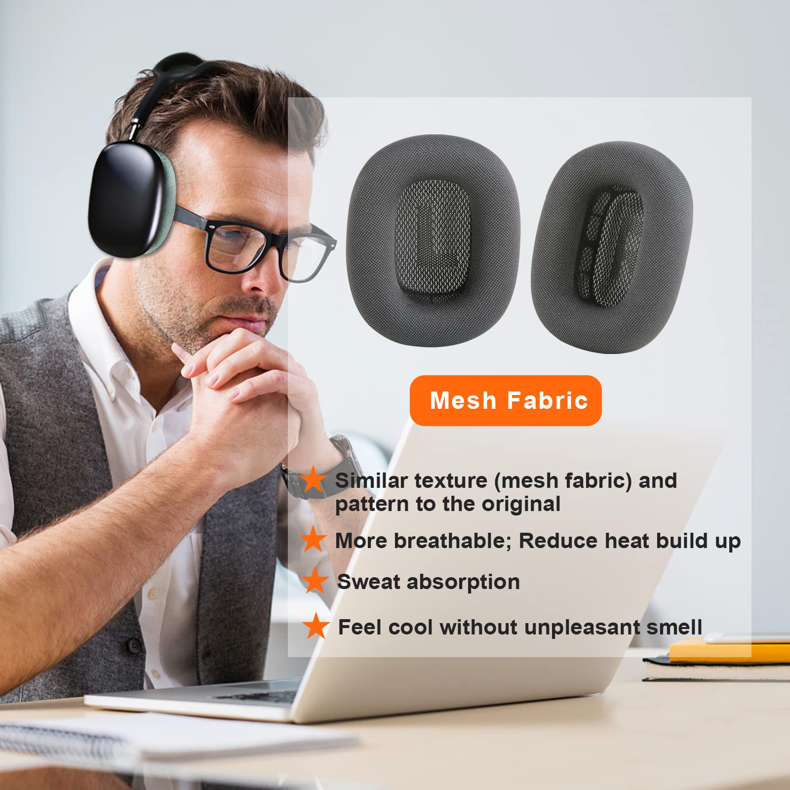 Premium Replacement Ear Cushions for AirPods Max - Sweat-Proof Mesh Fabric with Strong Magnets (Black) - Perfect for Workouts, Travel & Noise Isolation