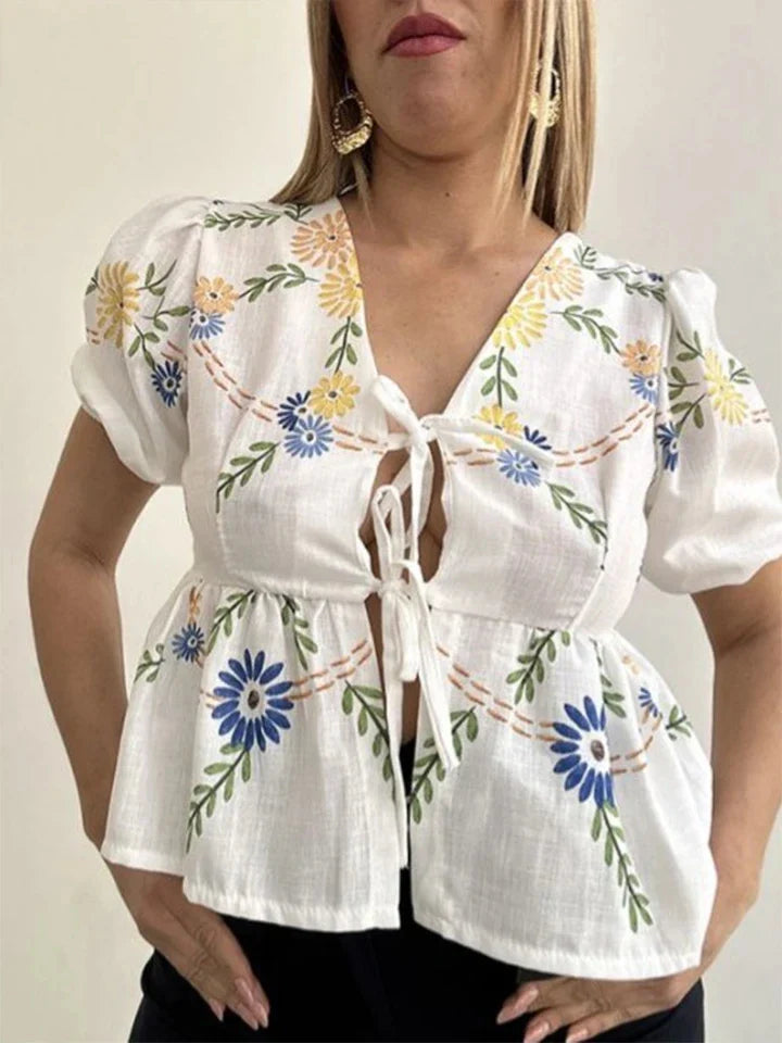 Women's Fashion Print Bow Lace-Up Blouse - Loose V-Neck Short Puff Sleeve Top for Spring & Summer | Casual Floral Shirt for Ladies | Perfect for Office Wear, Date Nights & Weekend Outings