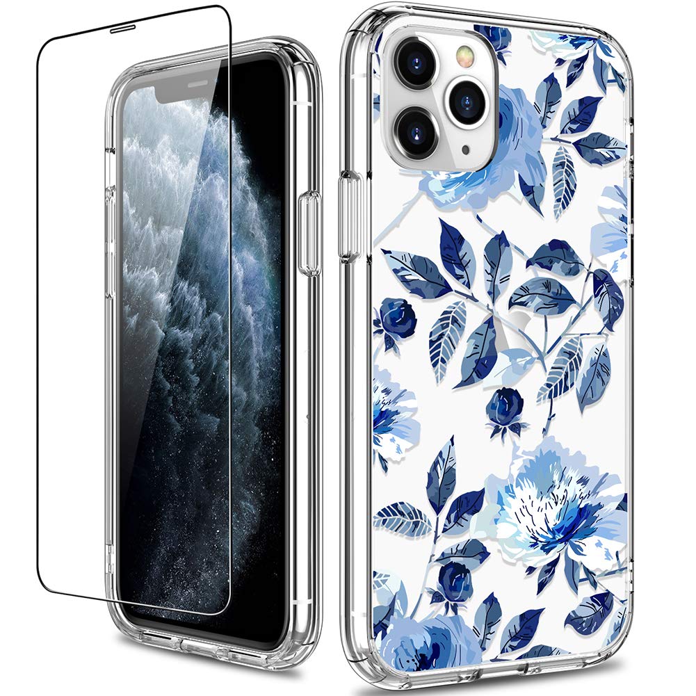 GiiKa Clear Floral Shockproof Hard PC Case with TPU Bumper & Screen Protector for iPhone 11 Pro Max | Protective Phone Cover for Women & Girls | Perfect for Everyday Use, Travel & Outdoor Activities