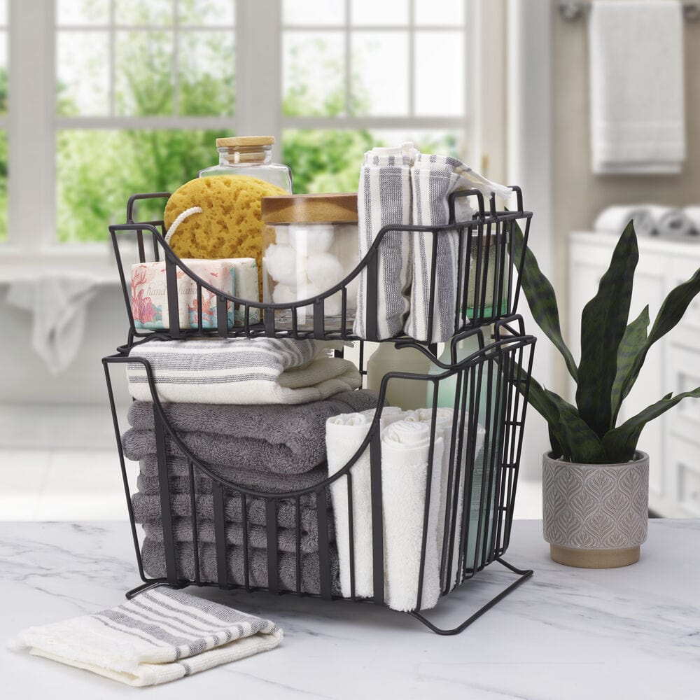 Stackable Storage Baskets Set of 2 - Band & Stripe Design for Home Organization - Perfect for Bedroom, Bathroom, and Office Storage
