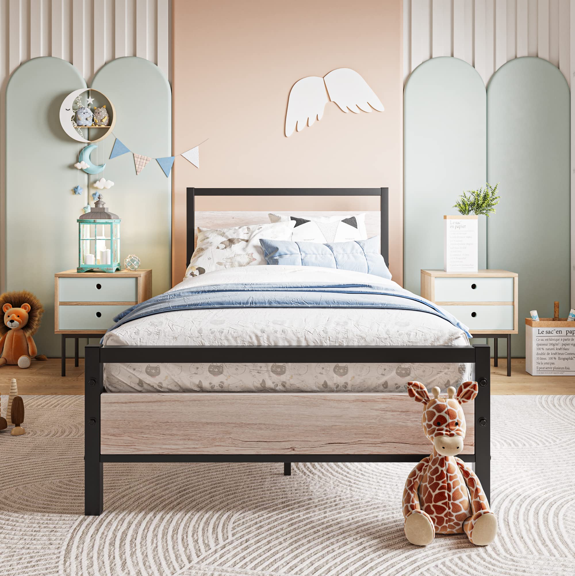 BOFENG Twin Bed Frame with Wood Headboard - Heavy Duty Metal Platform Bed with Steel Slat Support, No Box Spring Needed - Farmhouse Style Bed Frame in Natural Oak - Perfect for Guest Rooms, Dormitories & Small Spaces