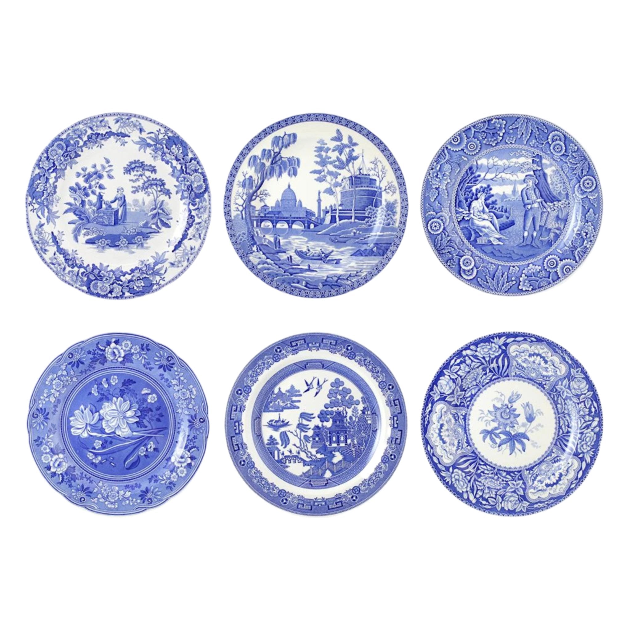 Blue Georgian Ceramic Dinner Plates - Set of 6, Elegant Blue and White Floral Design for Formal Dining, Wedding Registry & Home Decor