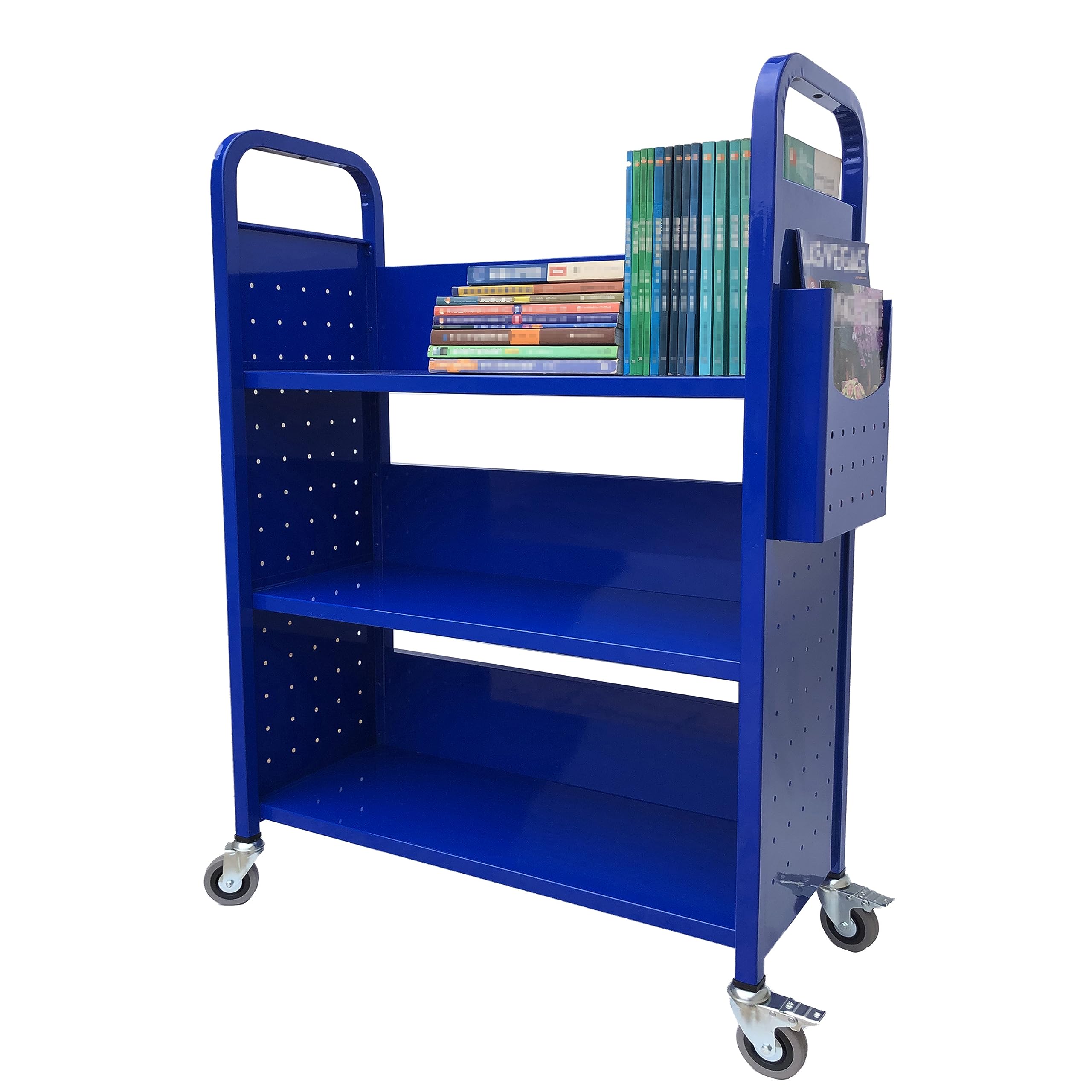 **Workington Rolling Book Cart with 3 Flat Shelves - Heavy Duty Library Book Truck with Swivel Lockable Casters, 3001 Blue - Ideal for Libraries, Schools, and Office Storage**