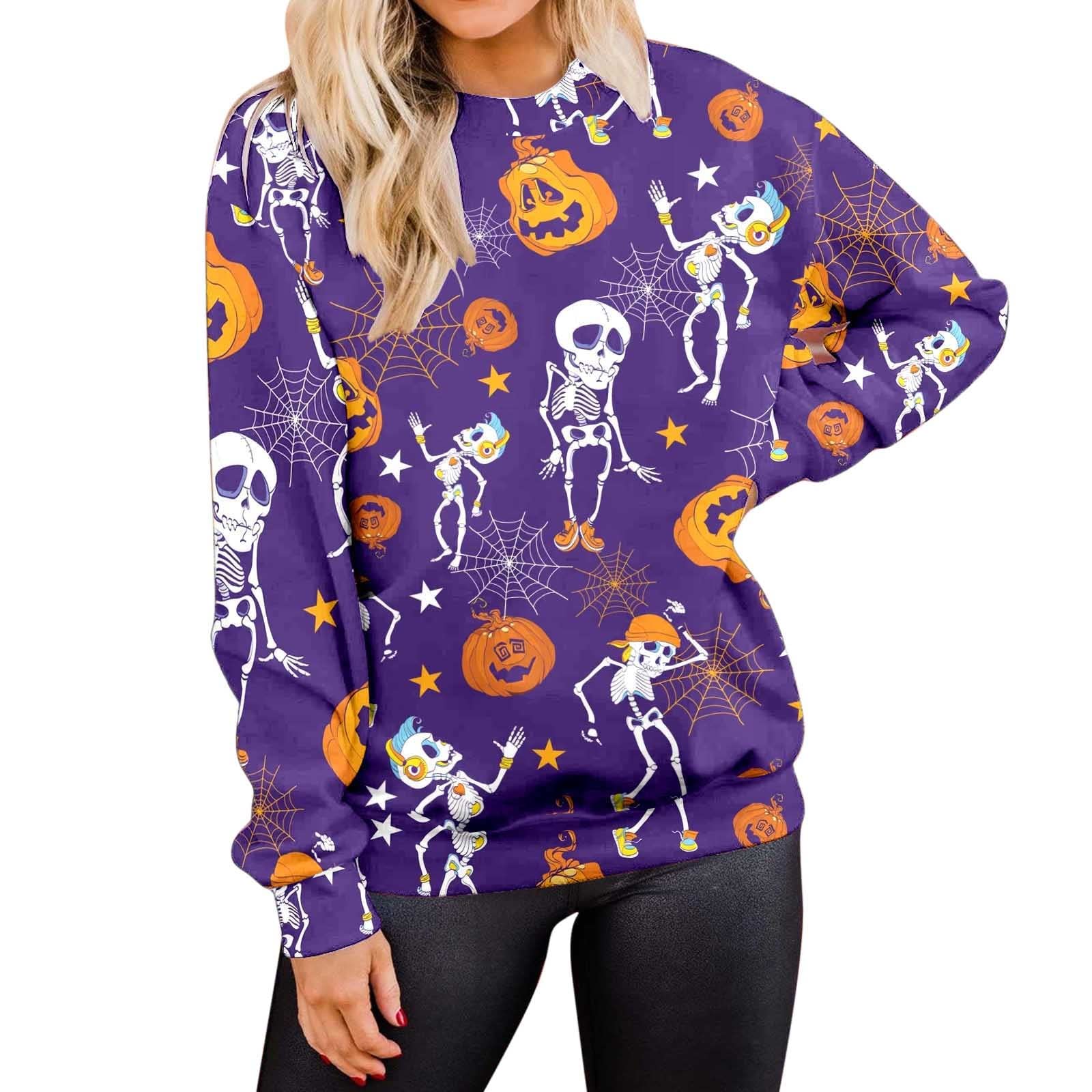 Women's Casual Halloween Print Long Sleeve Sweatshirt - Cozy Round Neck Loose Fit Pullover for Women | Perfect for Halloween Parties, Fall Layering & Everyday Comfort