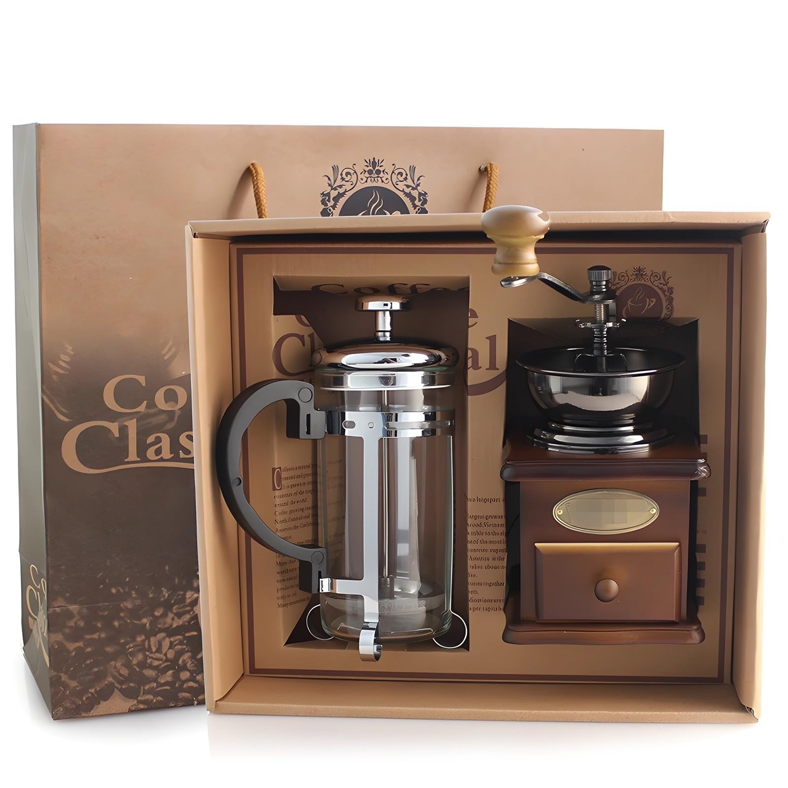 Premium Burr Coffee Grinder & French Press Set - Stainless Steel & Wood Design for Smooth Brewing, Adjustable Coarse to Fine Grind, Ideal for Home, Office & Camping | Compact 7.9 x 5.1 x 2.6 Inches | Perfect Gift for Coffee Lovers & Baristas | Morning Brew, Afternoon Relaxation & Outdoor Adventures