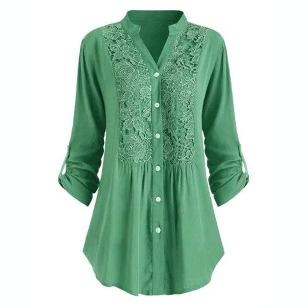 Women's Long Sleeve Casual Button Down Tunic Tops - Plus Size Blouses with Lace Detail, Solid Color Loose Fit Shirts for Work, Office & Everyday Wear