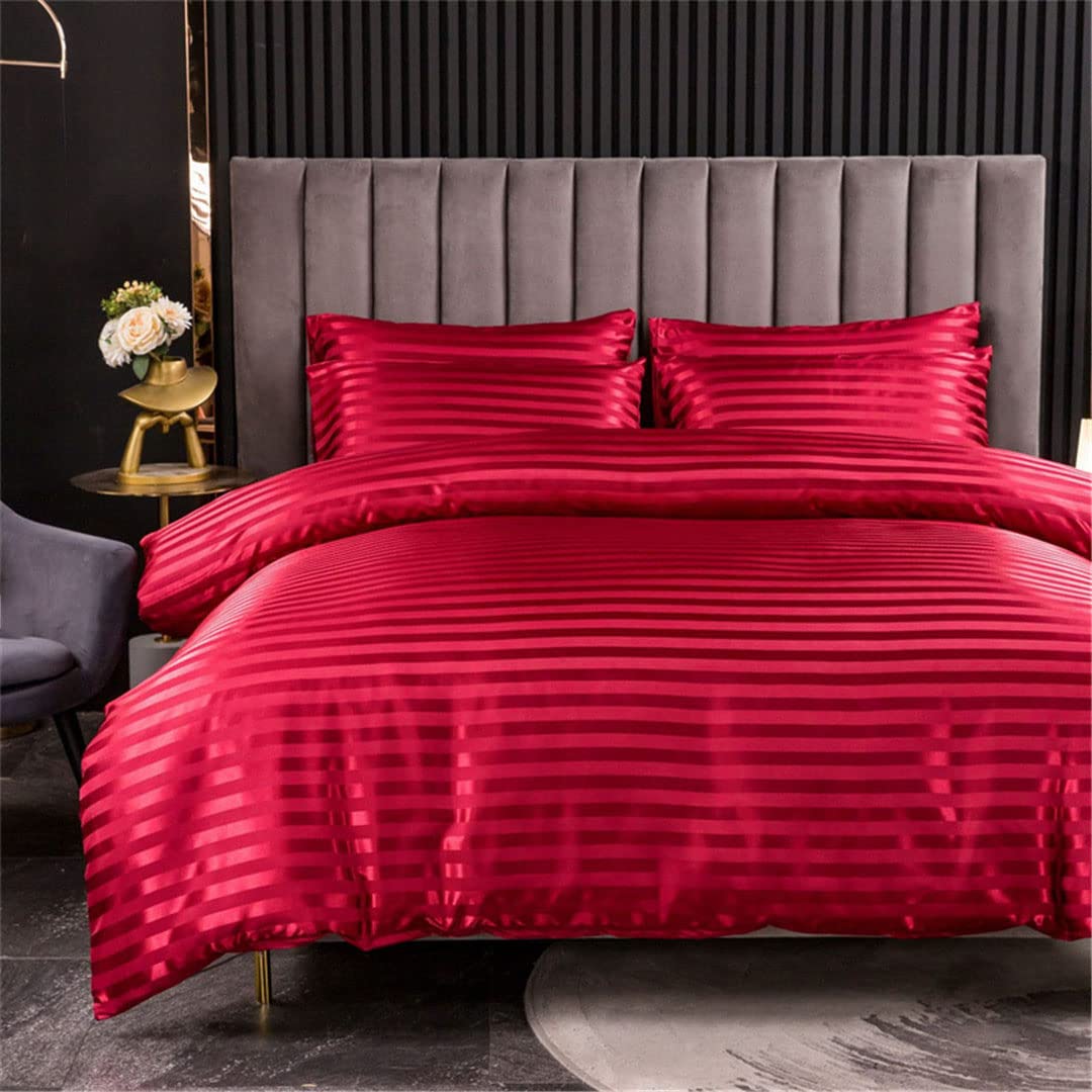 Luxury Stripe Satin Silk Bedding Set - King Size Pink Duvet Cover with Pillowcases - Soft & Breathable Silk Bed Sheets for Master Bedroom Decor & Hotel Style Luxury Bedding