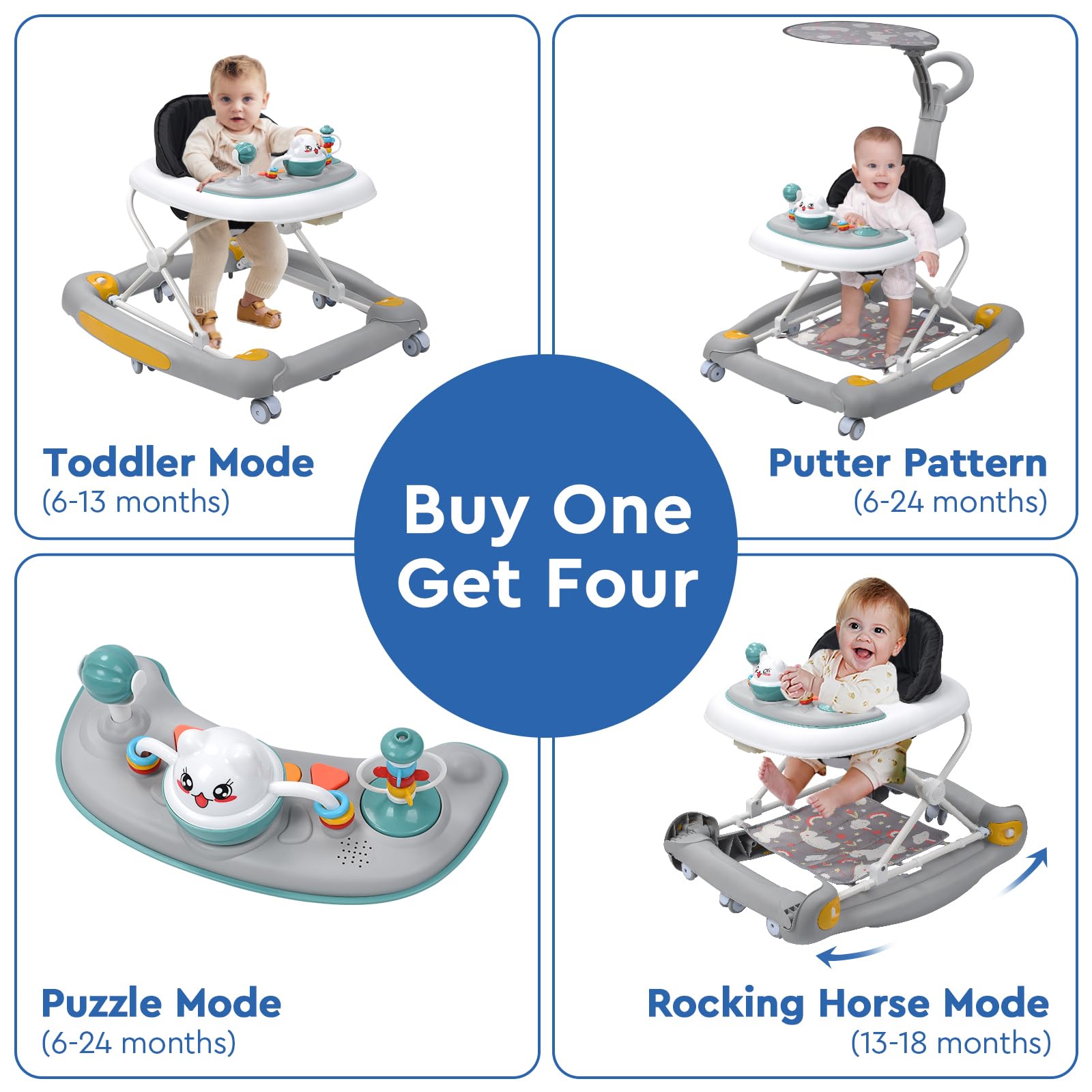 4 in 1 Baby Walker with Wheels - Adjustable Height, Music, Lights & Rocker Mode | Activity Walker & Bouncer Combo for Boys & Girls 6-24 Months | Perfect for Learning to Walk, Playtime & Indoor Entertainment