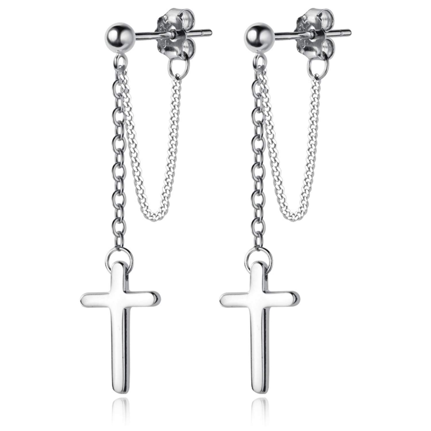 ANDPAI Minimalist Punk 925 Sterling Silver Hypoallergenic Chain Ball Stud Earrings with Cross Dangle Drop - Trendy Unisex Jewelry for Women, Men & Teens | Perfect for Parties, Gifts & Everyday Wear