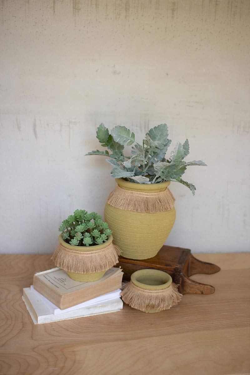 Set of 3 Green Clay Flower Pots with Jute Collar - Eco-Friendly Planters for Indoor Succulents, Herbs & Home Decor | Perfect for Windowsills, Balconies & Gift Giving
