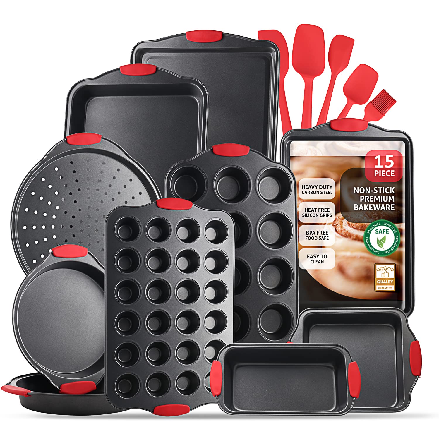 15-Piece Premium Nonstick Bakeware Set - BPA Free Cookie Sheets, Muffin Pan, Cake Pan & Kitchen Utensils for Baking, Cooking & Entertaining - Black Steel Baking Pans for Oven, Home & Professional Use