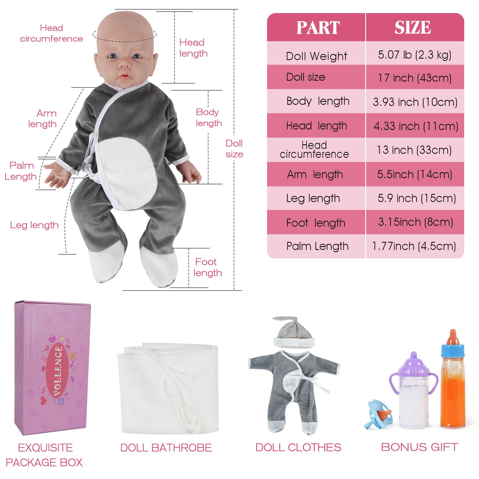 Vollence 17 Inch Realistic Full Body Silicone Reborn Baby Doll Boy - Lifelike Newborn with Open Eyes, Soft Skin & Natural Details | Perfect for Gift Giving, Nursery Decor, Photography Props & Therapy