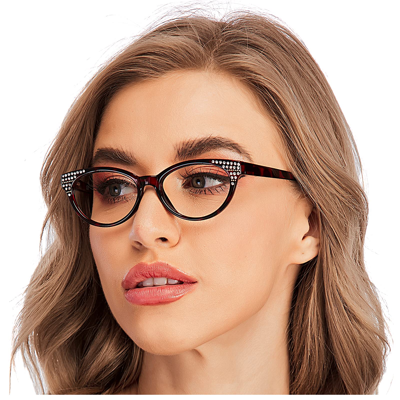 Blue Light Blocking Computer Glasses for Women - Anti Eyestrain Reading Glasses with Rhinestone, Flexible Lightweight Frame +2.0 Strength - Perfect for Office Work, Gaming & Screen Time