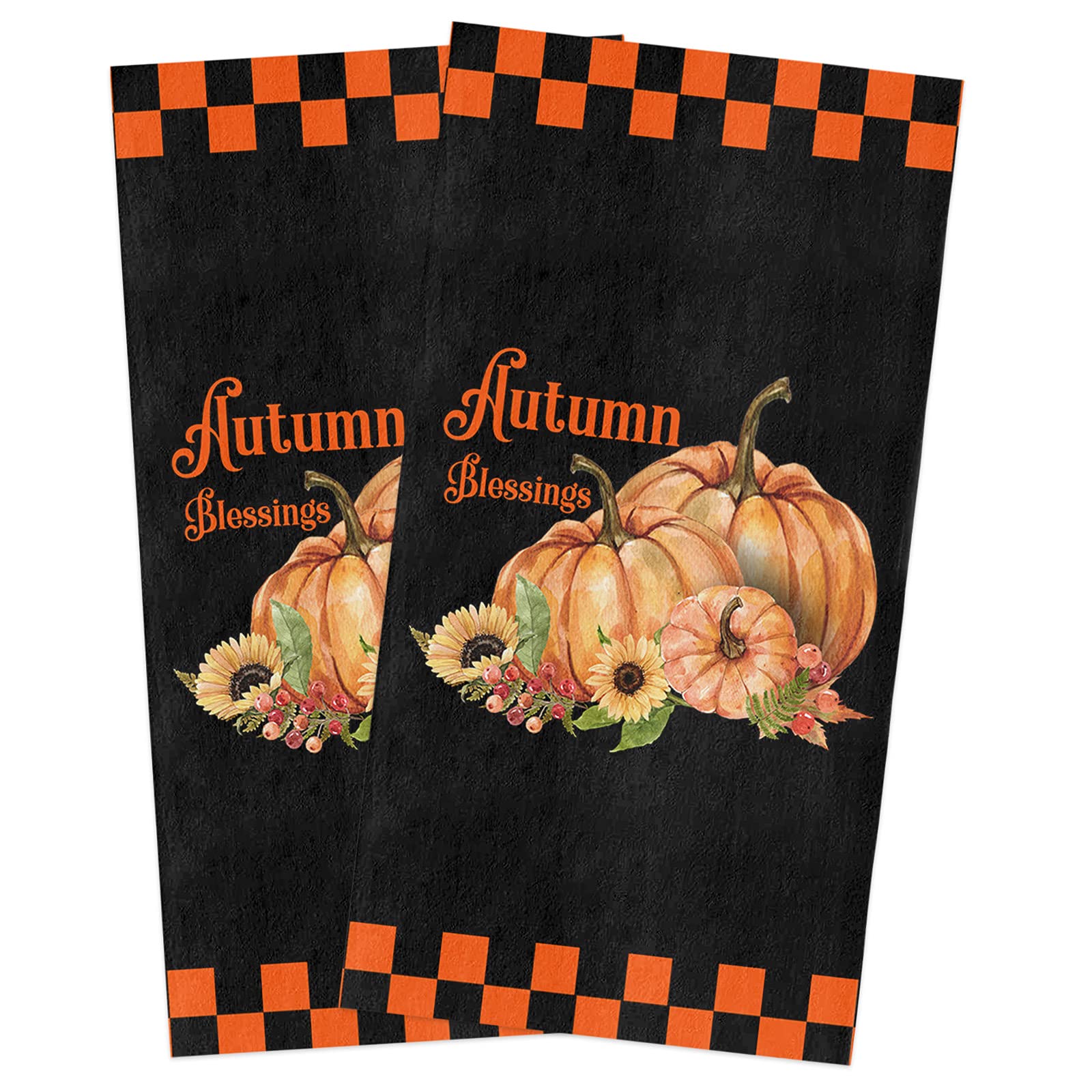 Thanksgiving Pumpkin Sunflower Fall Kitchen Dish Towels Set of 2 - Soft Lightweight Microfiber Absorbent Hand Towels (18x28in) in Orange Black Grid Pattern for Kitchen & Bathroom - Perfect for Holiday Decor, Dish Drying, and Hand Wiping