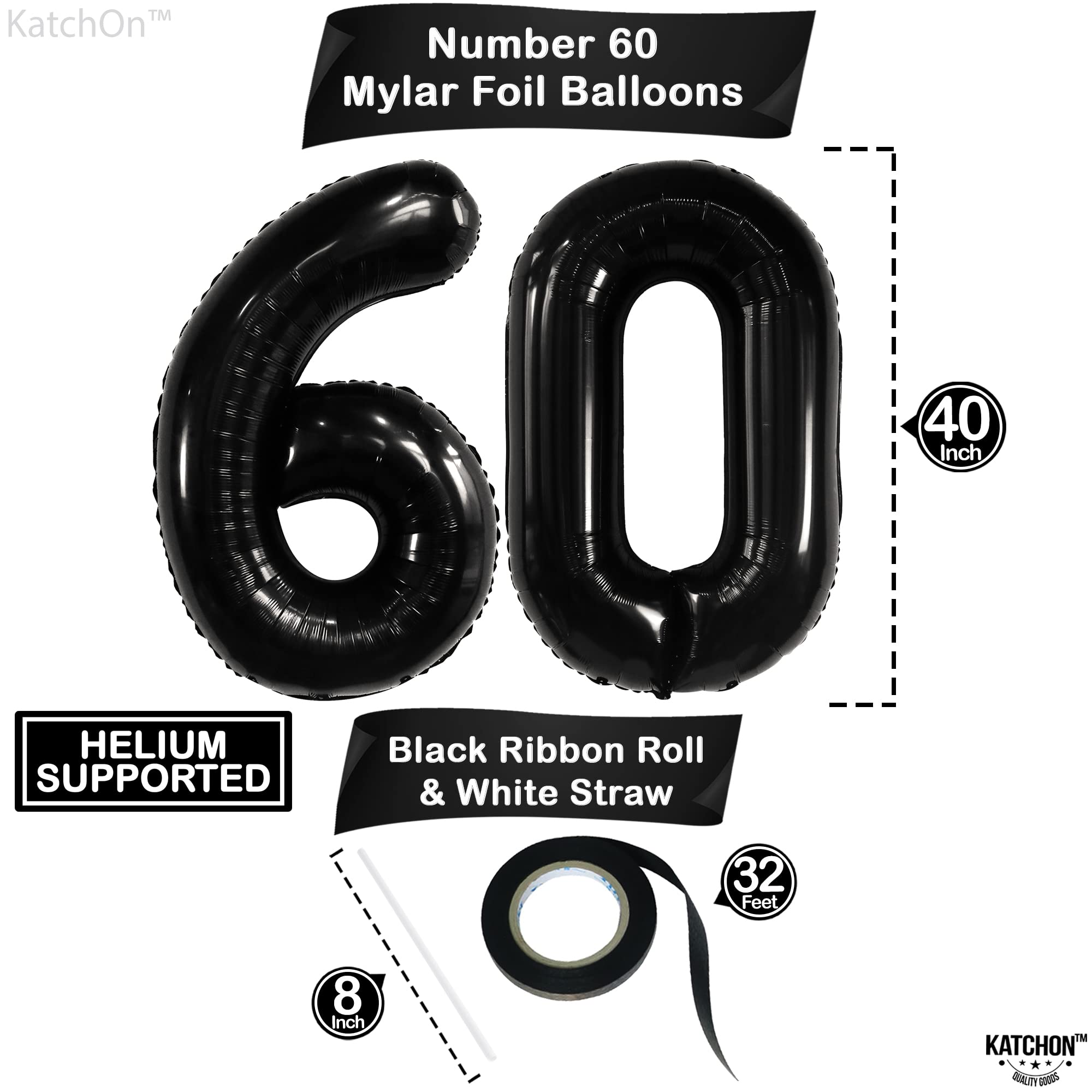 KatchOn 40 Inch Large Black Number 60 Balloons - 60th Birthday Party Decorations Set | Happy 60th Birthday Balloon Arch Kit for Milestone Celebrations, Anniversary Events & Retirement Parties