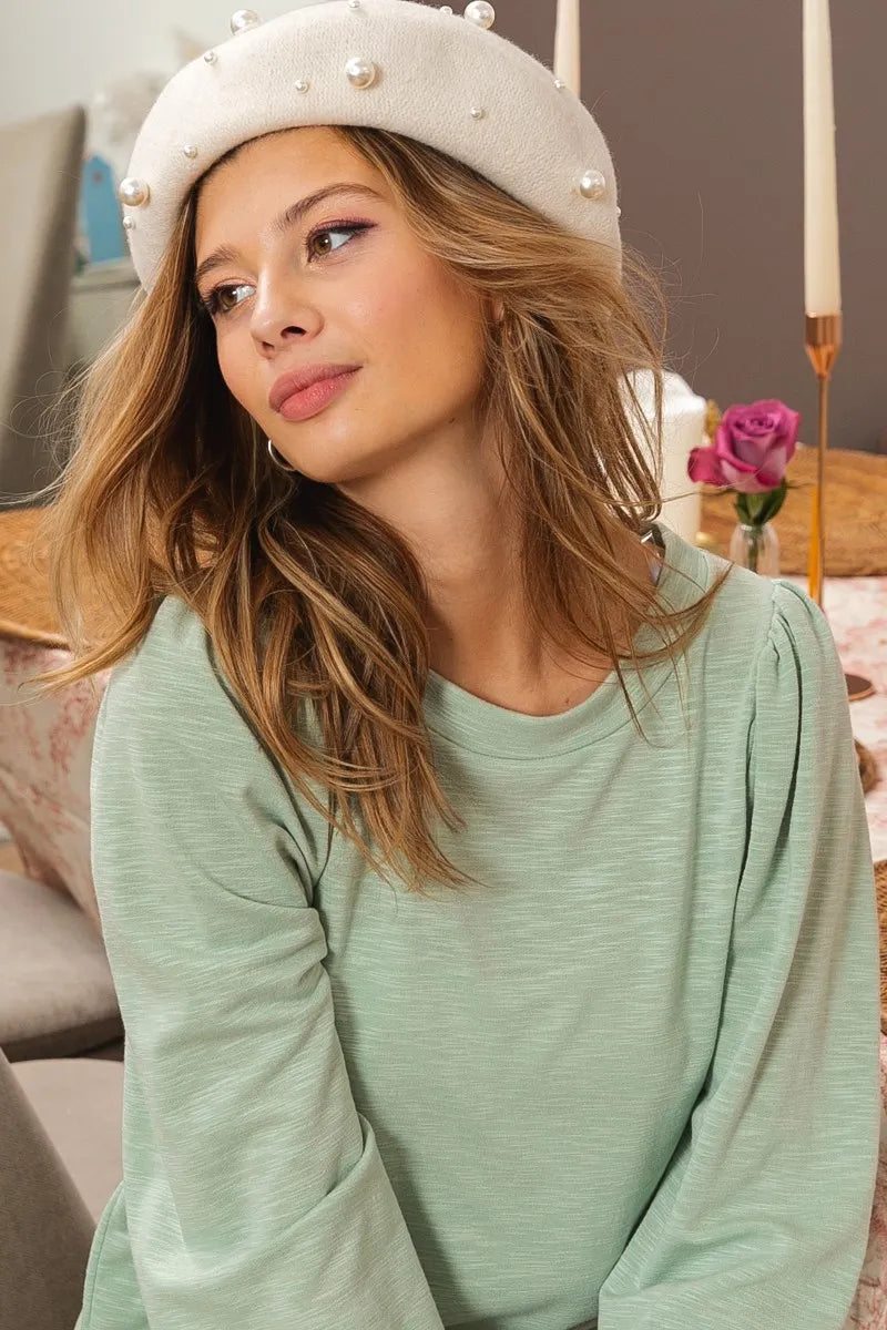 BiBi Slub Terry Puff Shoulder Sweatshirt - Women's Oversized Casual Pullover for Fall & Winter | Perfect for Coffee Dates, Weekend Errands and Cozy Loungewear