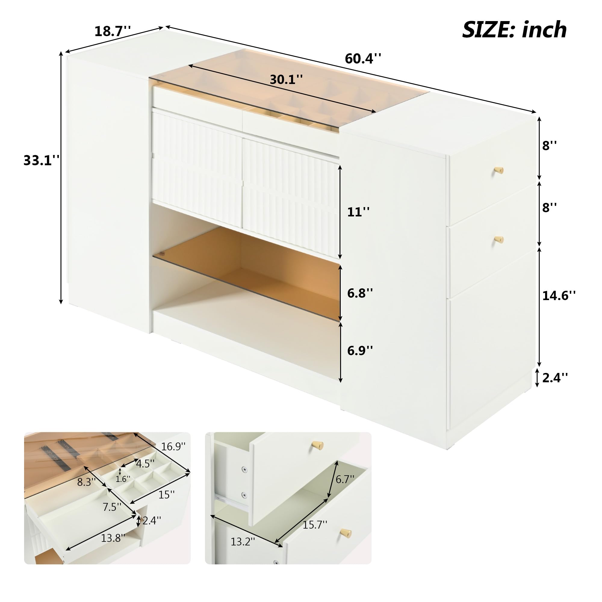 Modern White Wooden Armoire with Glass Top & 6 Drawers - Multi-Functional Bedroom Storage Cabinet for Walk-in Closets, Wardrobe Organization & Display Shelf - Perfect for Master Bedrooms, Guest Rooms & Apartment Living
