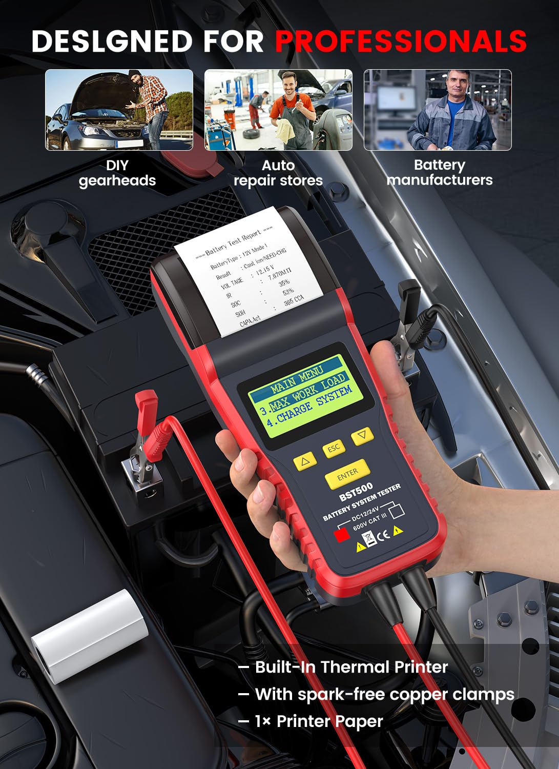 ANCEL BST500 12V 24V Car Battery Load Tester with Printer - 99% Accurate Automotive Battery Analyzer for Cranking & Charging System - Heavy Duty Battery Tester for Car, Truck, SUV, ATV, RV - Perfect for Mechanics & DIY Auto Maintenance