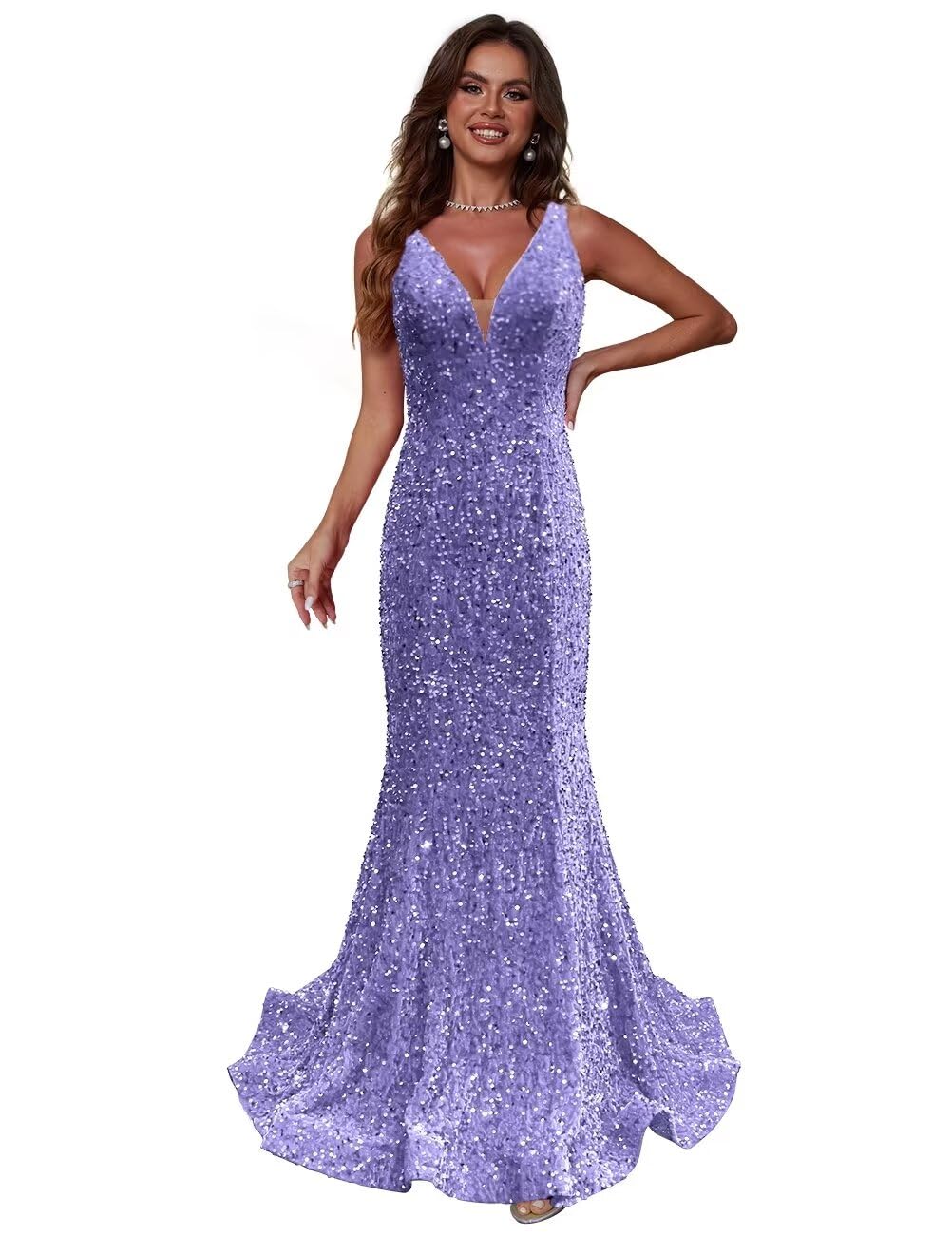 Sparkly Sequin Prom Dresses for Women - Long Deep V-Neck Sexy Mermaid Formal Evening Gown with Backless Design in Lavender (Size US12) | Perfect for Homecoming, Cocktail Parties, and Special Occasions