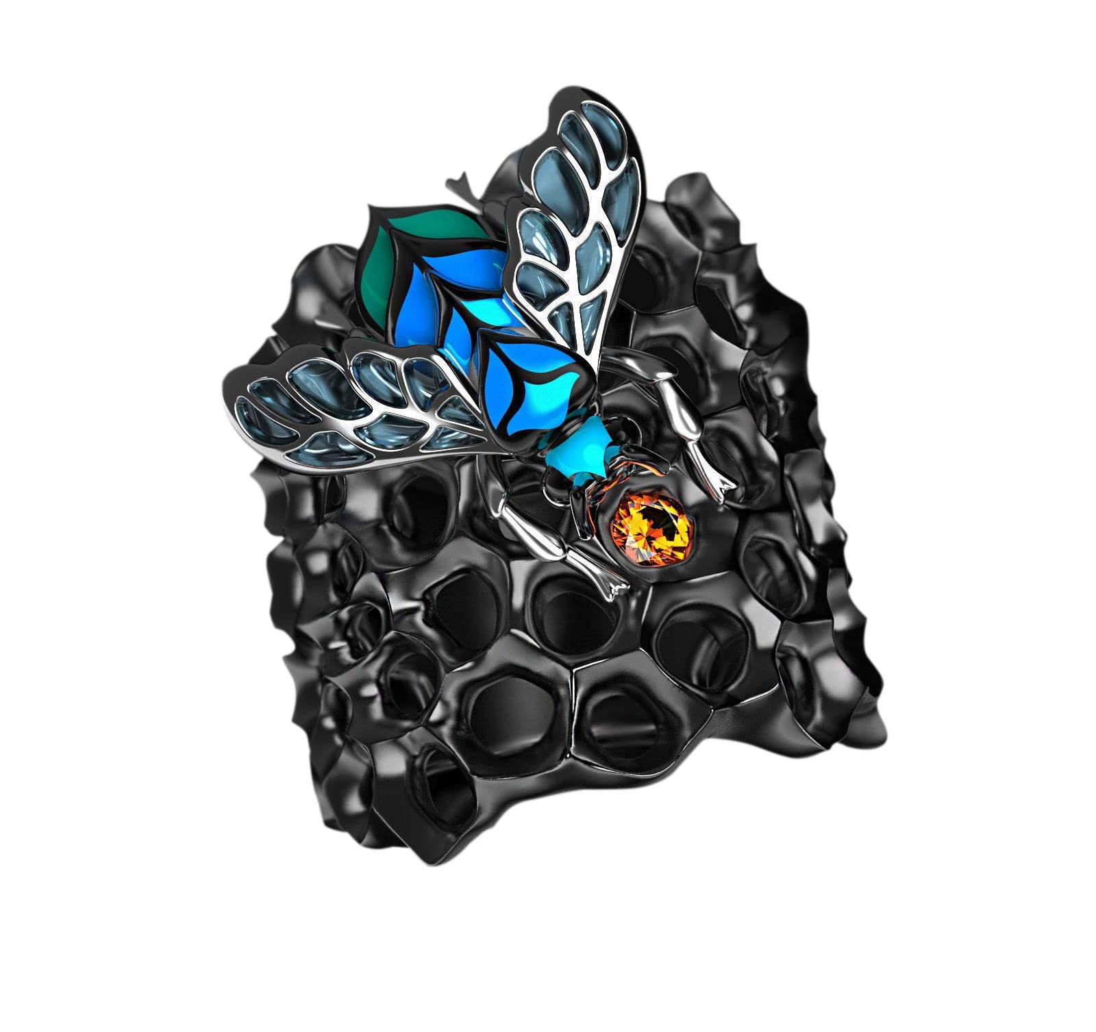 Statement Hollow Bee Ring for Women - Chunky Bohemian Vintage Engraved Honeycomb Jewelry in Mixed Metals (Black, Size 9) | Perfect for Boho Fashion, Festival Outfits & Layered Stacking