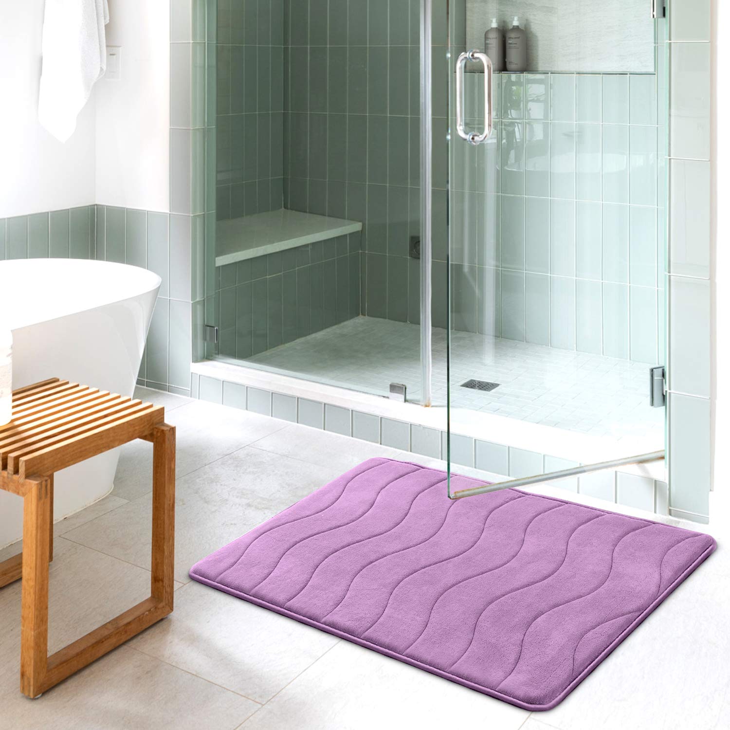 Premium Flamingo Print Memory Foam Bath Mat - Super Soft Non-Slip Shower Rug for Bathroom, Tub & Shower - 24x36 Inches, Lilac - Perfect for Spa-Like Bathroom Decor & Wet Floor Safety