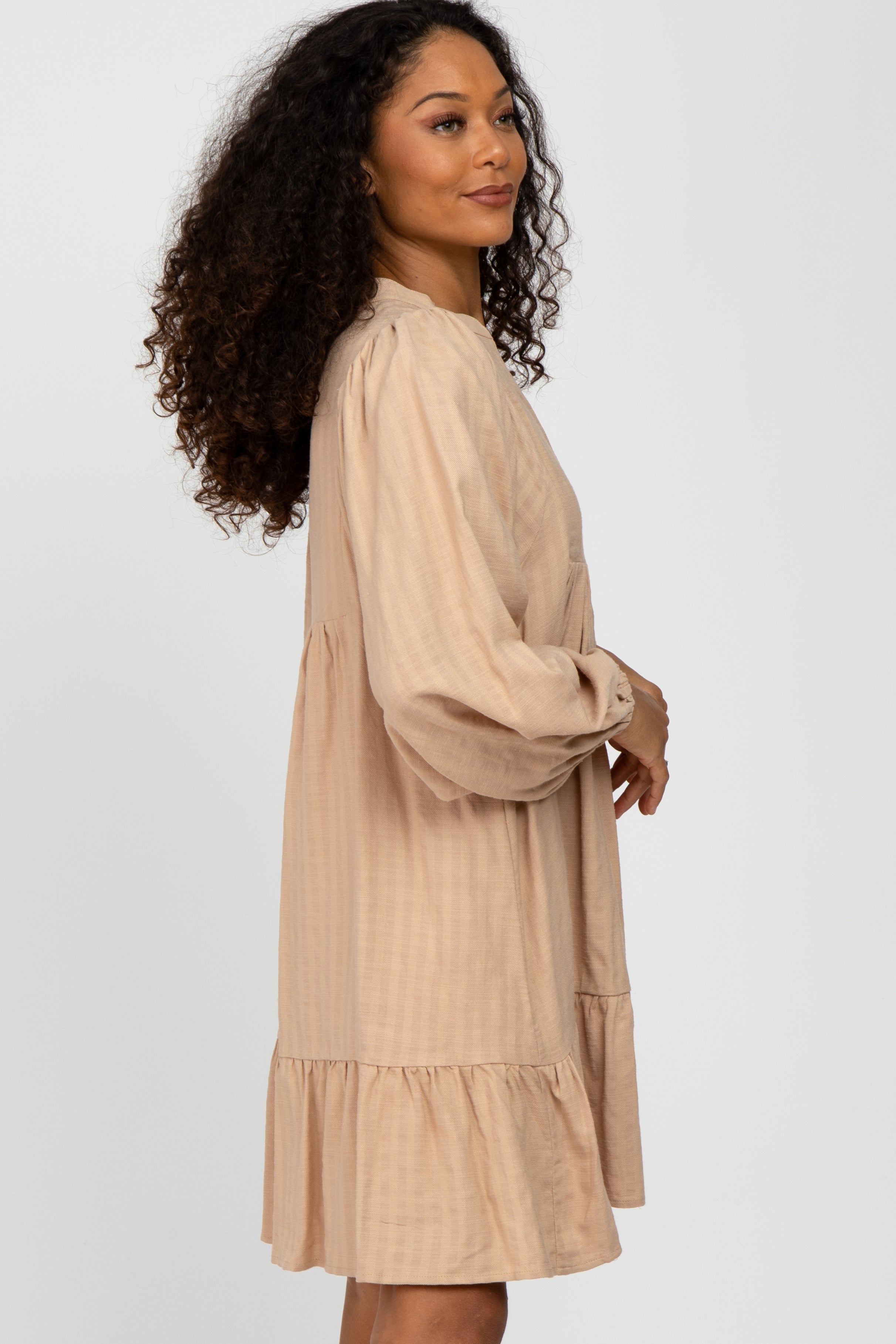 Beige Linen Button Front Ruffle Hem Dress for Women - Summer Casual Boho Chic Midi Dress for Beach, Vacation & Date Night