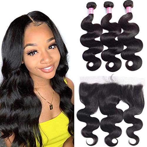 Brazilian Wet and Wavy Human Hair Bundles with Lace Frontal - 100% Unprocessed Virgin Hair Weave (3 Bundles + 20