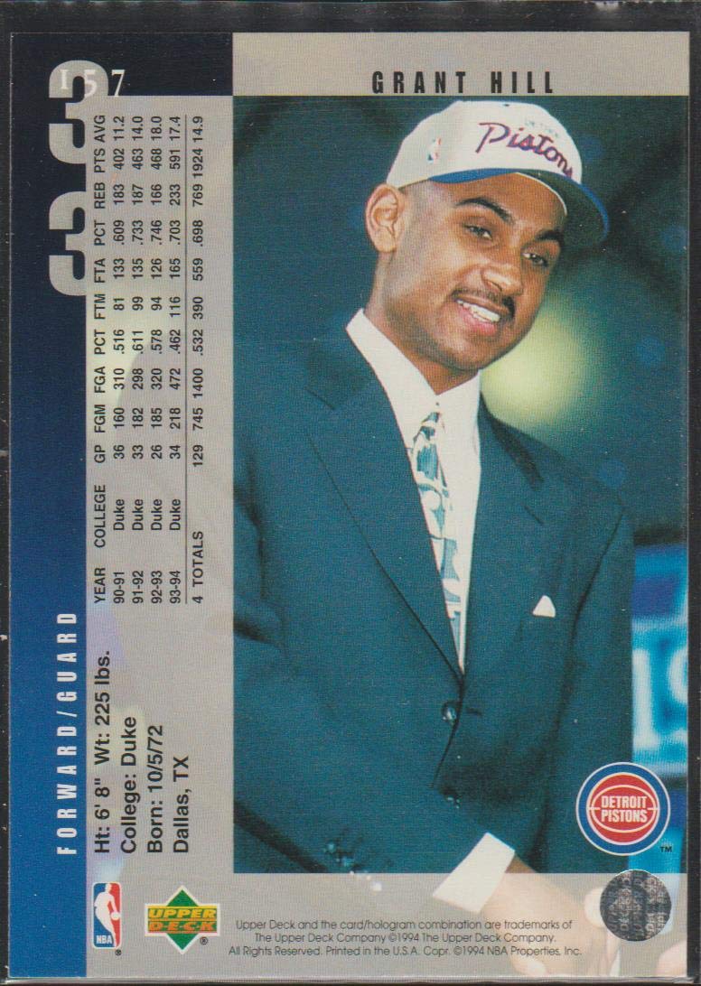 1994-95 Upper Deck Grant Hill Rookie Card #157 - Detroit Pistons NBA Collectible for Fans & Investors - Perfect for Sports Memorabilia Displays & Trading